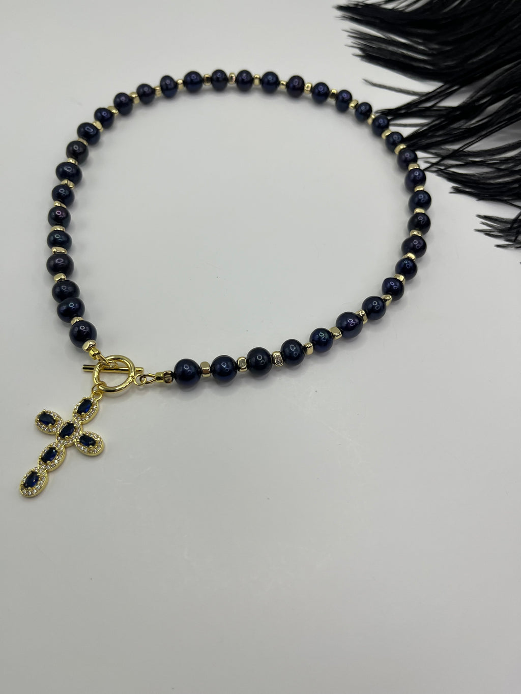 Blue Pearl Choker Necklace with Cross pendant: 18K Gold Plated