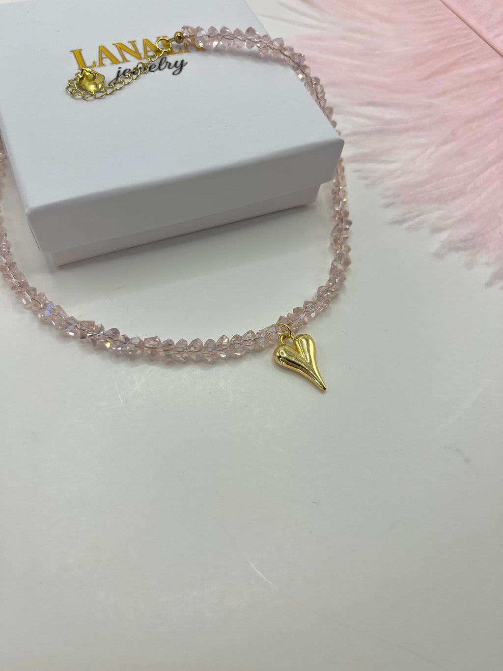 Crystal Glass Bead Choker: 18K Gold Heart Pendant