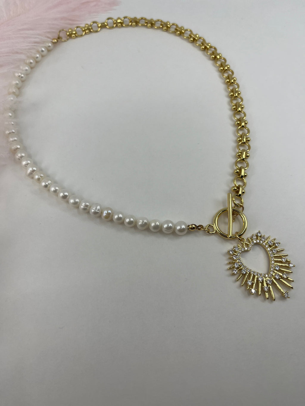 Asymmetrical Pearl Necklace with Heart Pendant, 18K Gold Plated Chain
