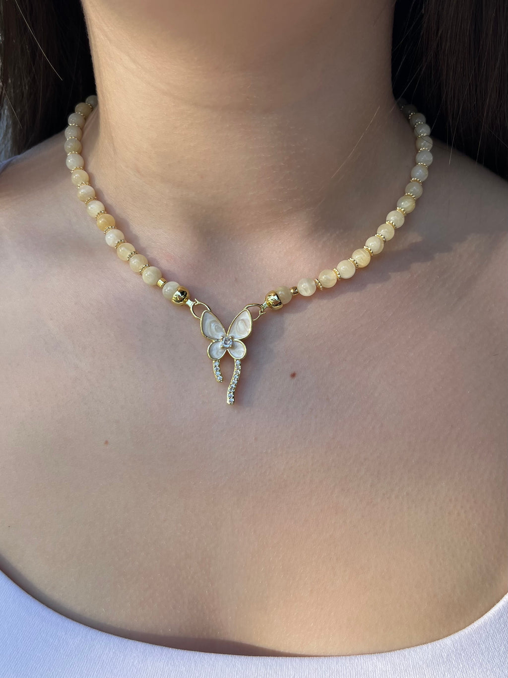 Topaz Jade Choker Necklace : 18K Gold Plated Zirconia Butterfly Clasp
