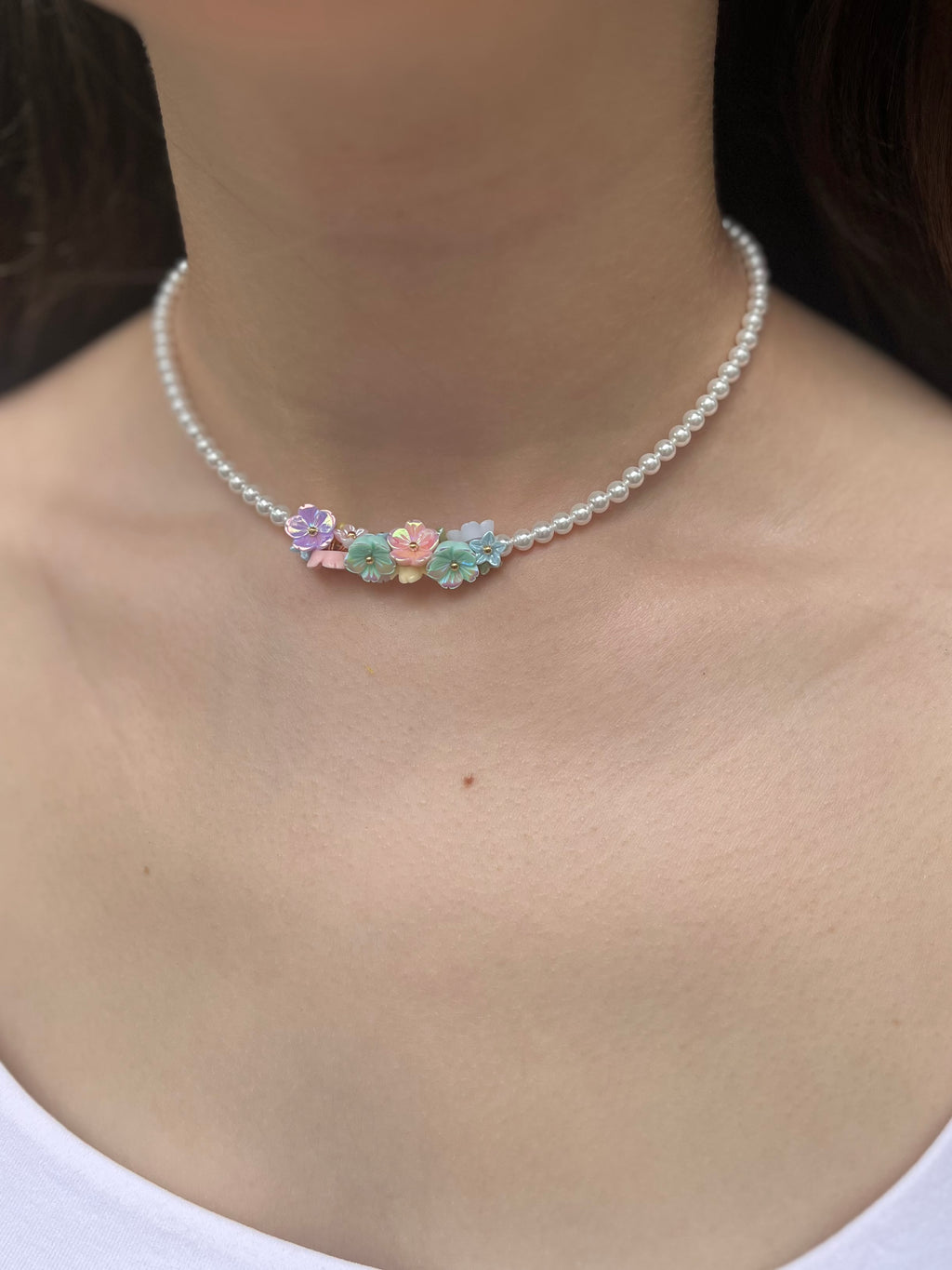 Pearl Flowers Choker Necklace with earrings : 18K Gold Plated