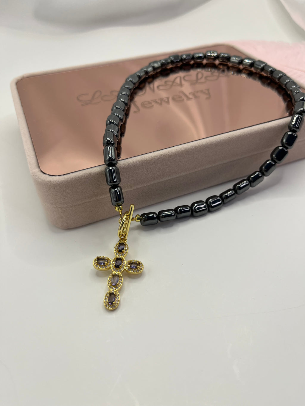 Hematite Choker Necklace with Cross pendant: 18K Gold Plated