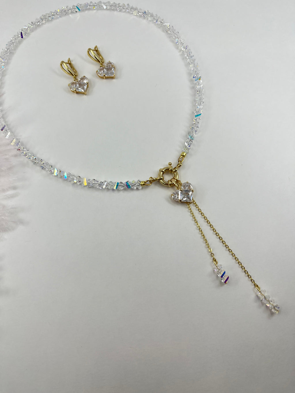 Set: Heart Crystal Y-Necklace and Earrings – 18K Gold Plated, Cubic Zirconia