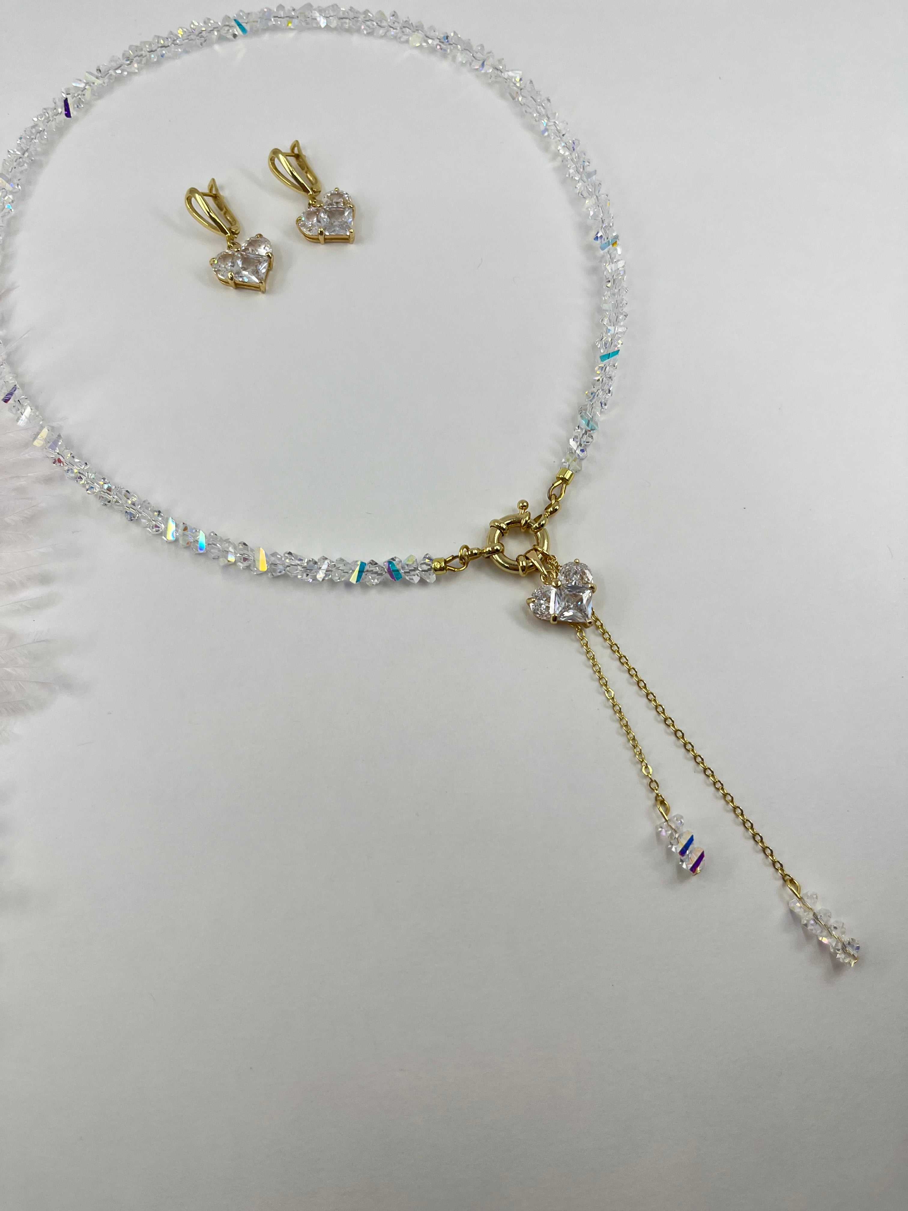 Set: Heart Crystal Y-Necklace and Earrings – 18K Gold Plated, Cubic Zirconia