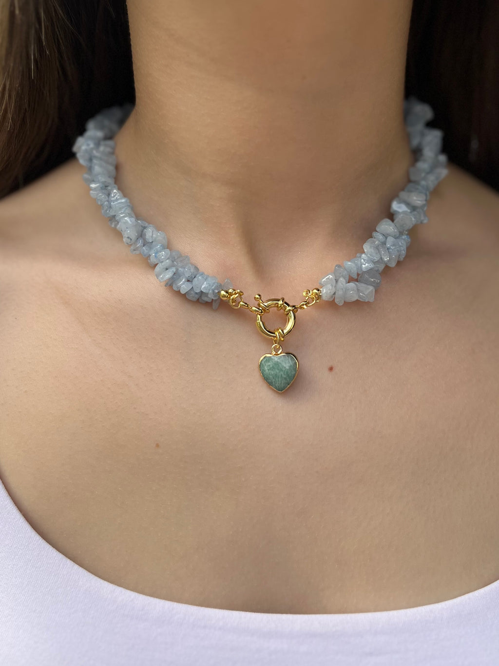 Natural Aquamarine Necklace with Amazonite heart pendant
