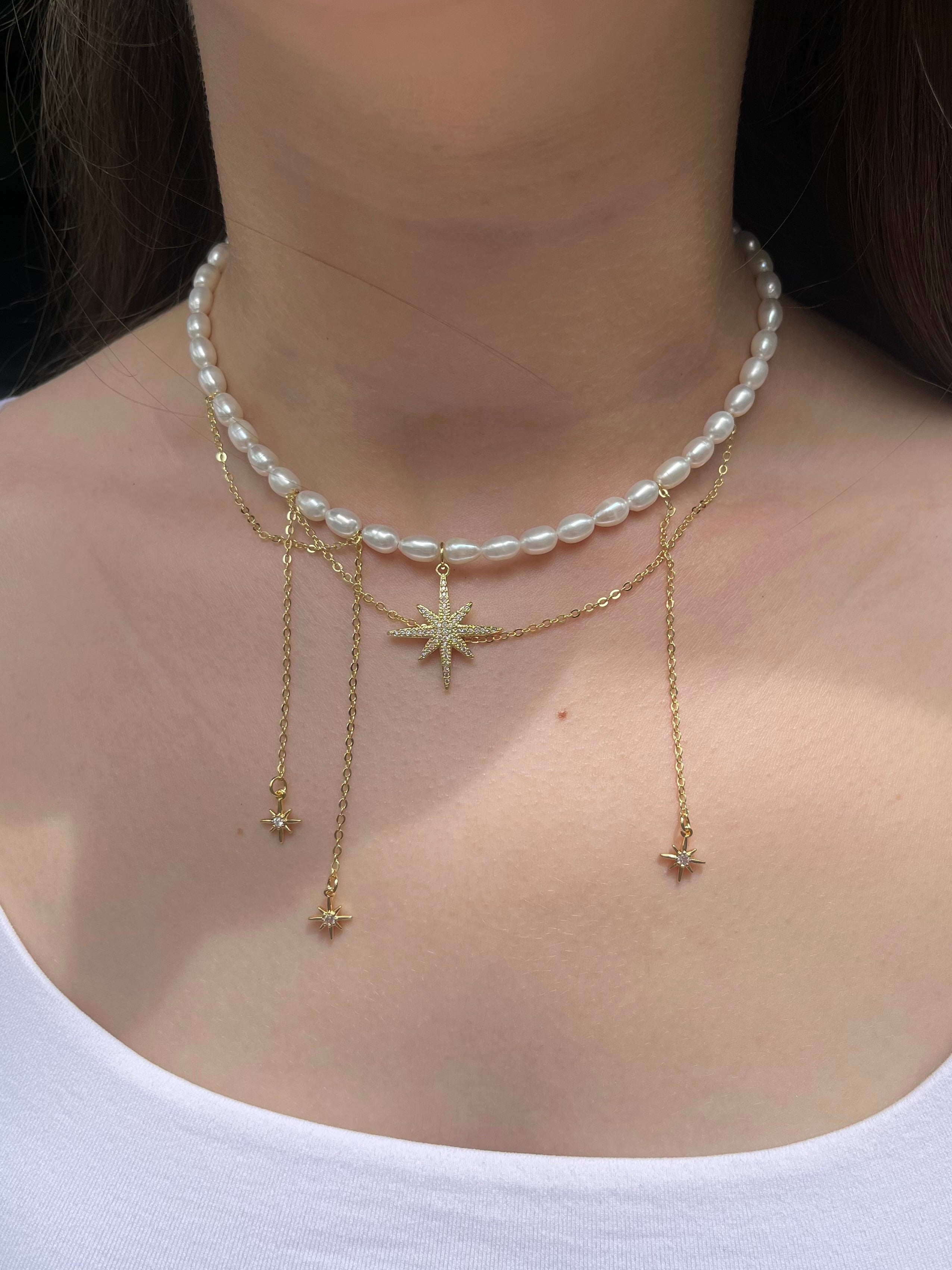 Layered Pearl Star Necklace, 18K Gold Plated