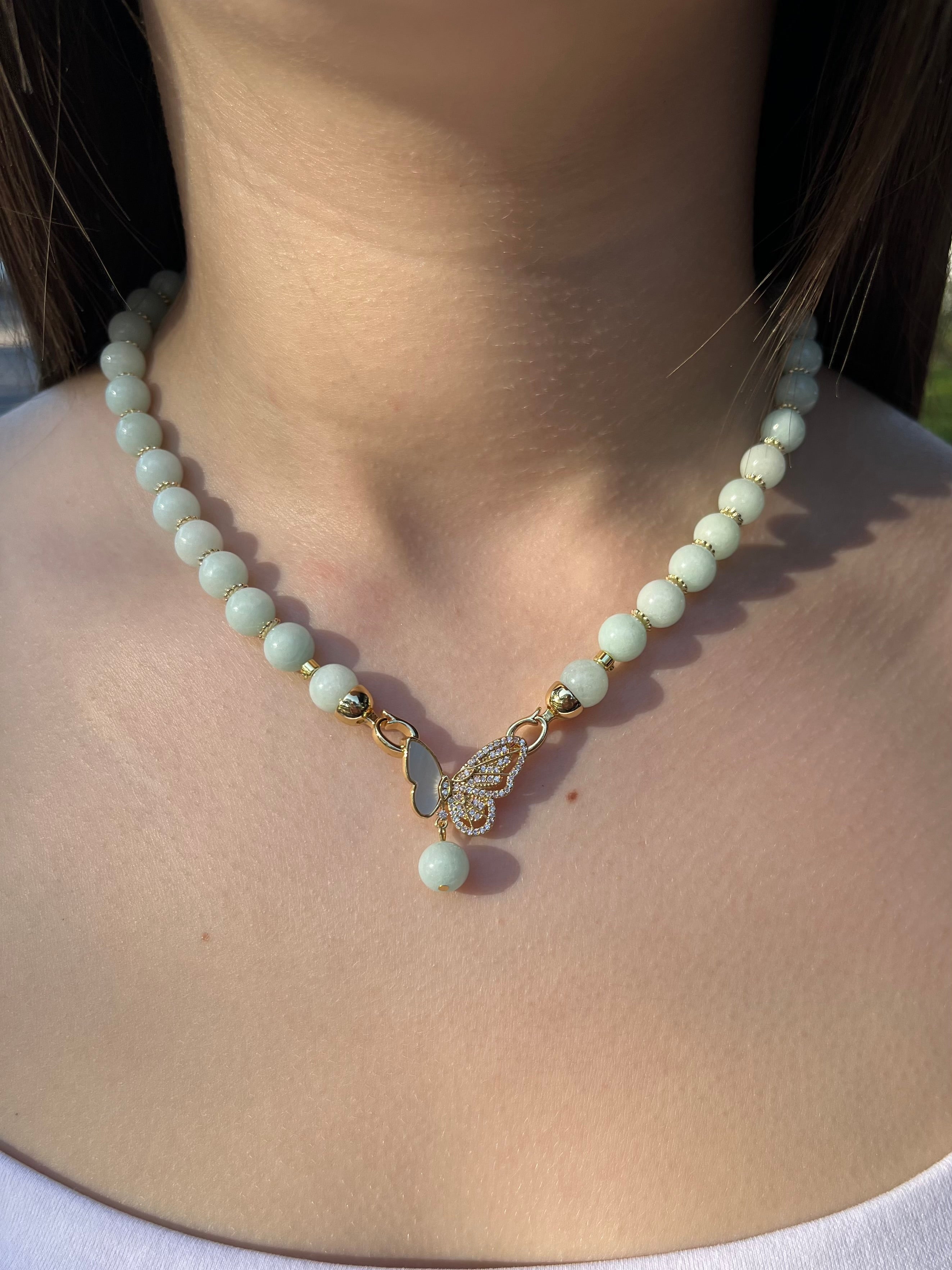 Natural Malaysia Jade Necklace with 18K Gold Butterfly Clasp