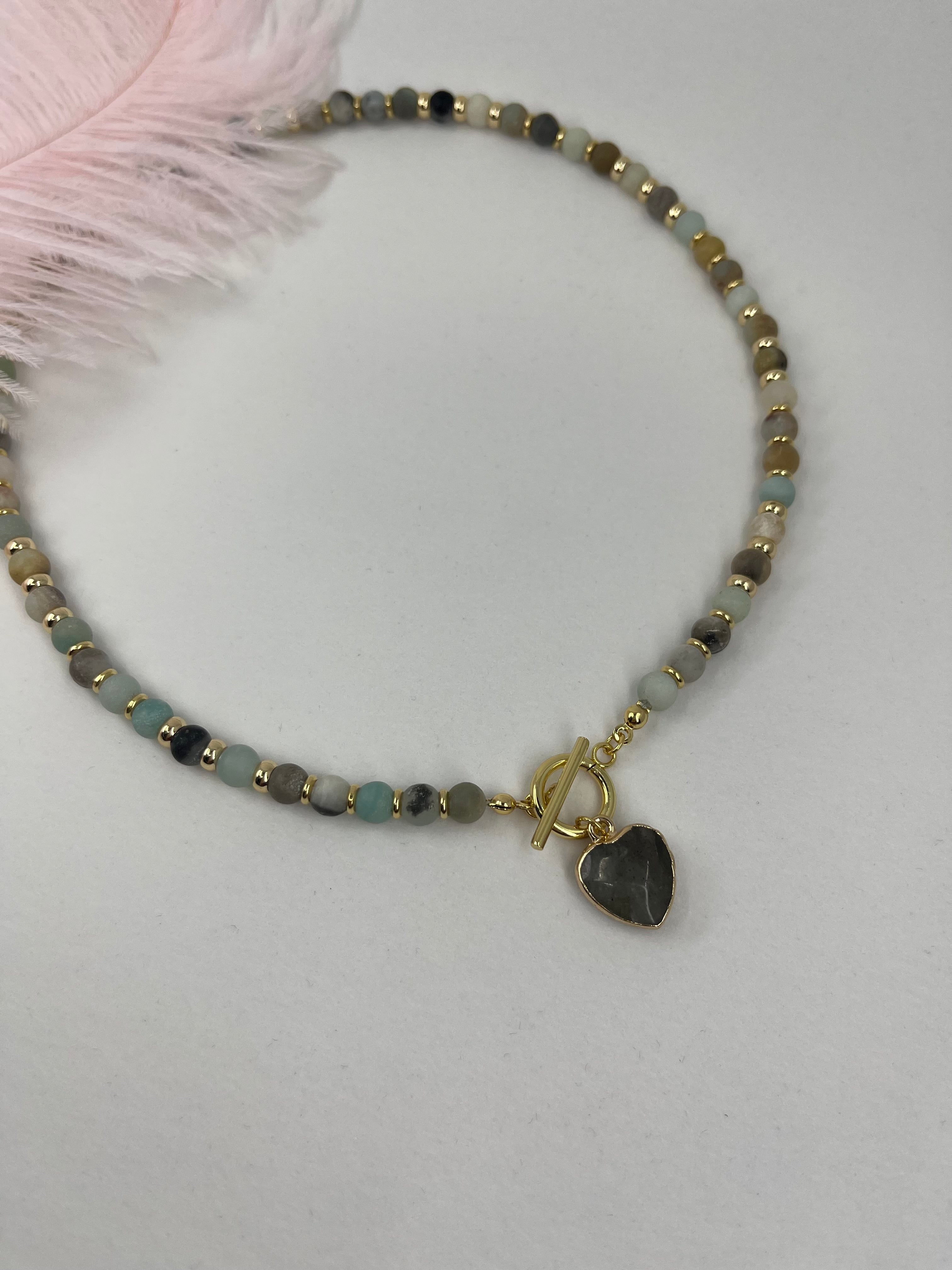 Natural Amazonite Heart Necklace, 18k gold plated clasp