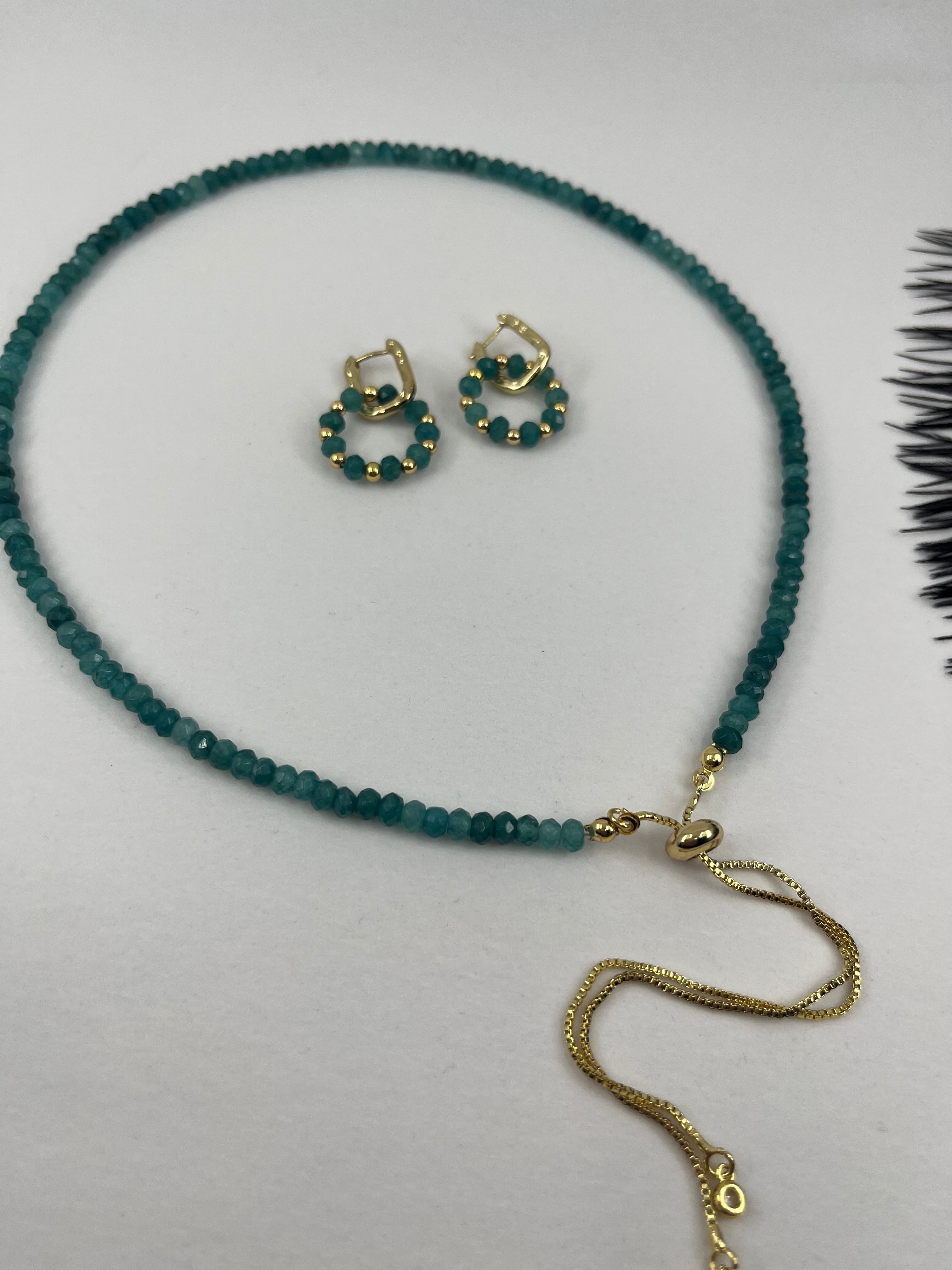 Set: Natural Malaysia Jade Y-Necklace & Earrings, Dark Cyan