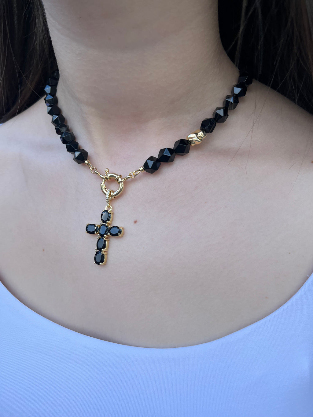 Natural Black Onyx Necklace with Gold Zirconia Cross