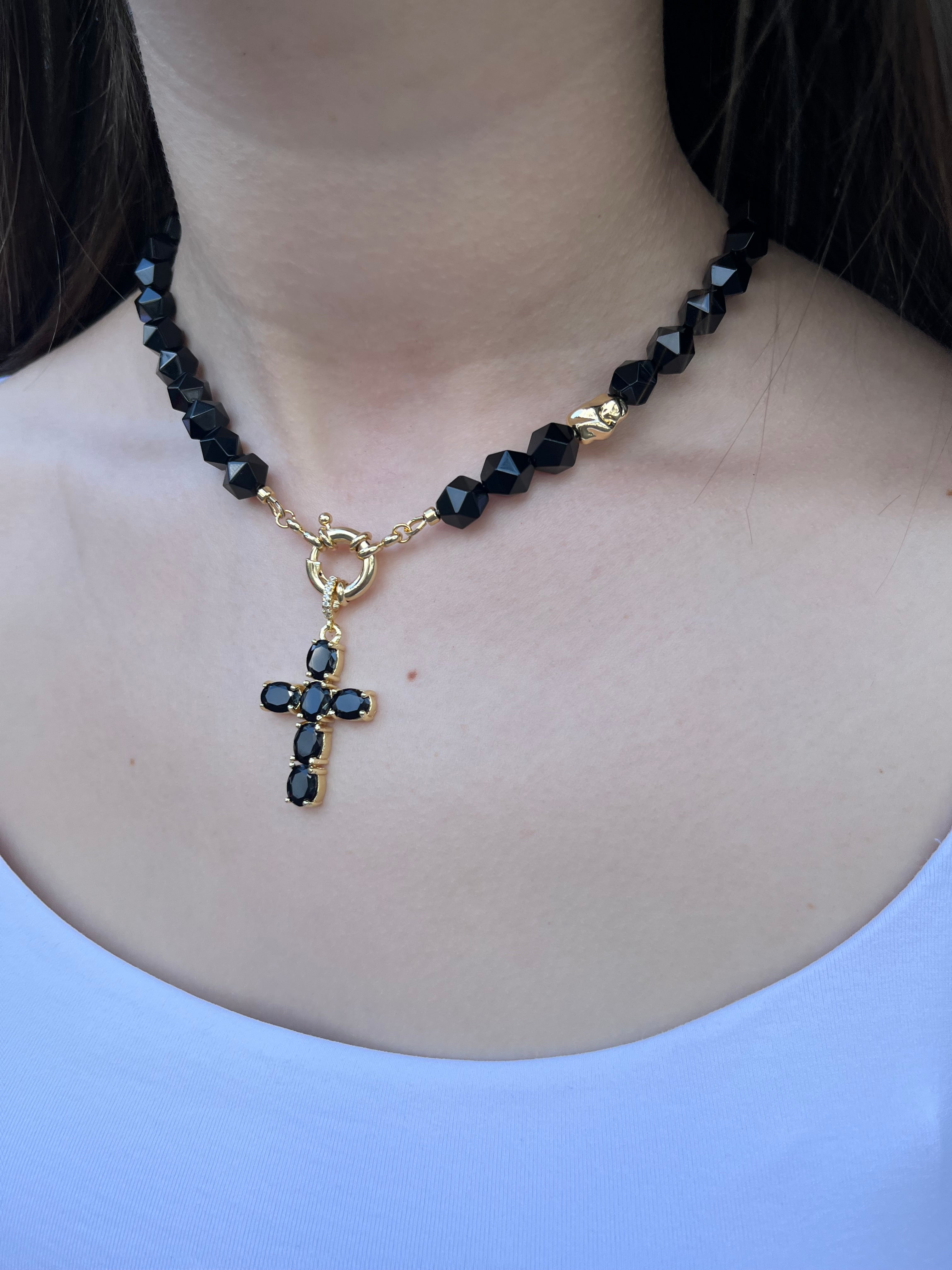 Natural Black Onyx Necklace with Gold Zirconia Cross
