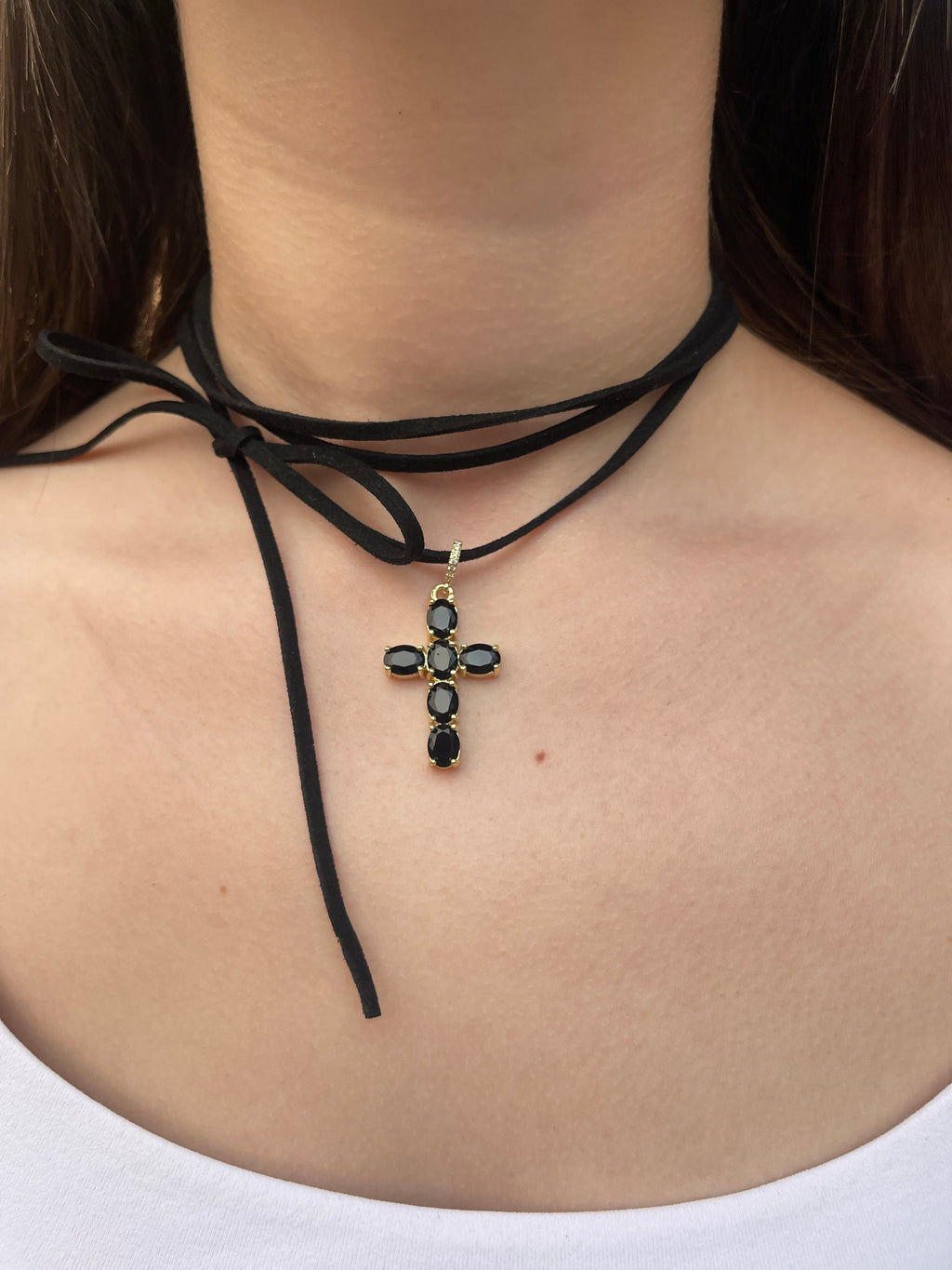 Black Suede Bow Tie Wrap Choker, 18K gold Pendant Necklace