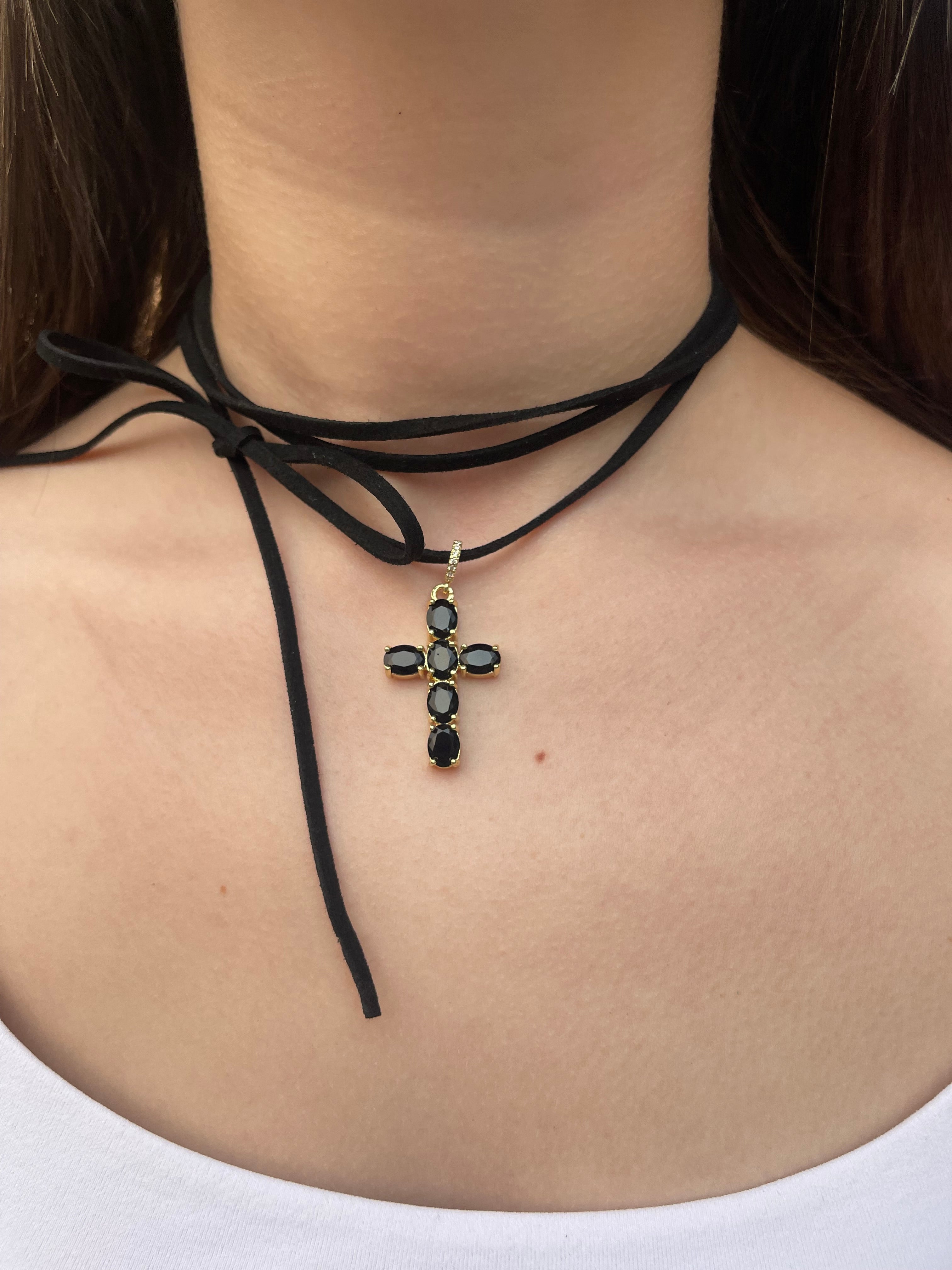 Black Suede Bow Tie Wrap Choker, 18K gold Pendant Necklace