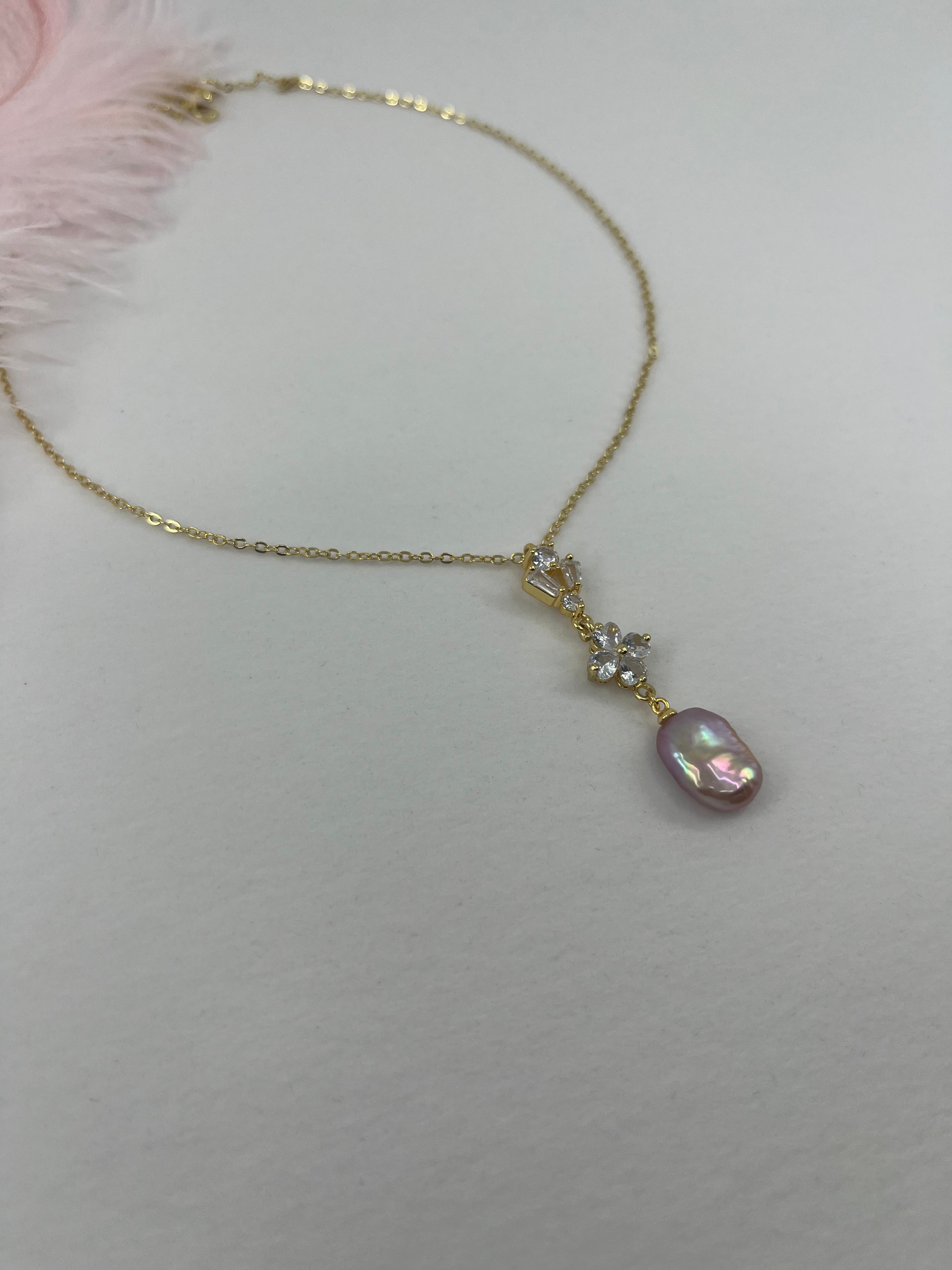 Baroque Pearl and zirconia Y-Necklace, 18k gold plated