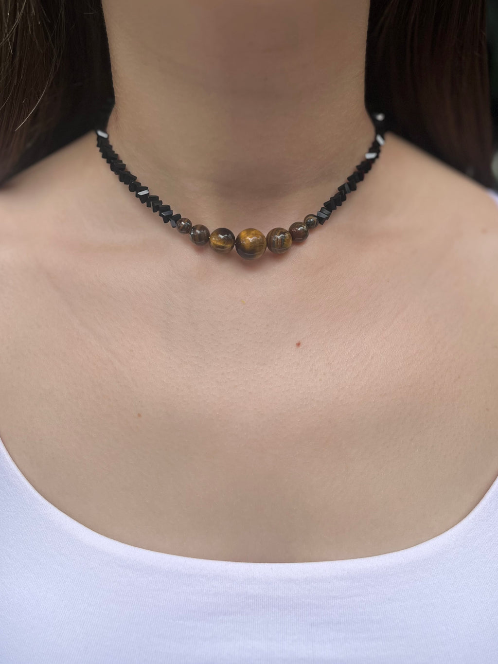 Set: Black Crystal Choker Necklace with Tiger Eye and earrings