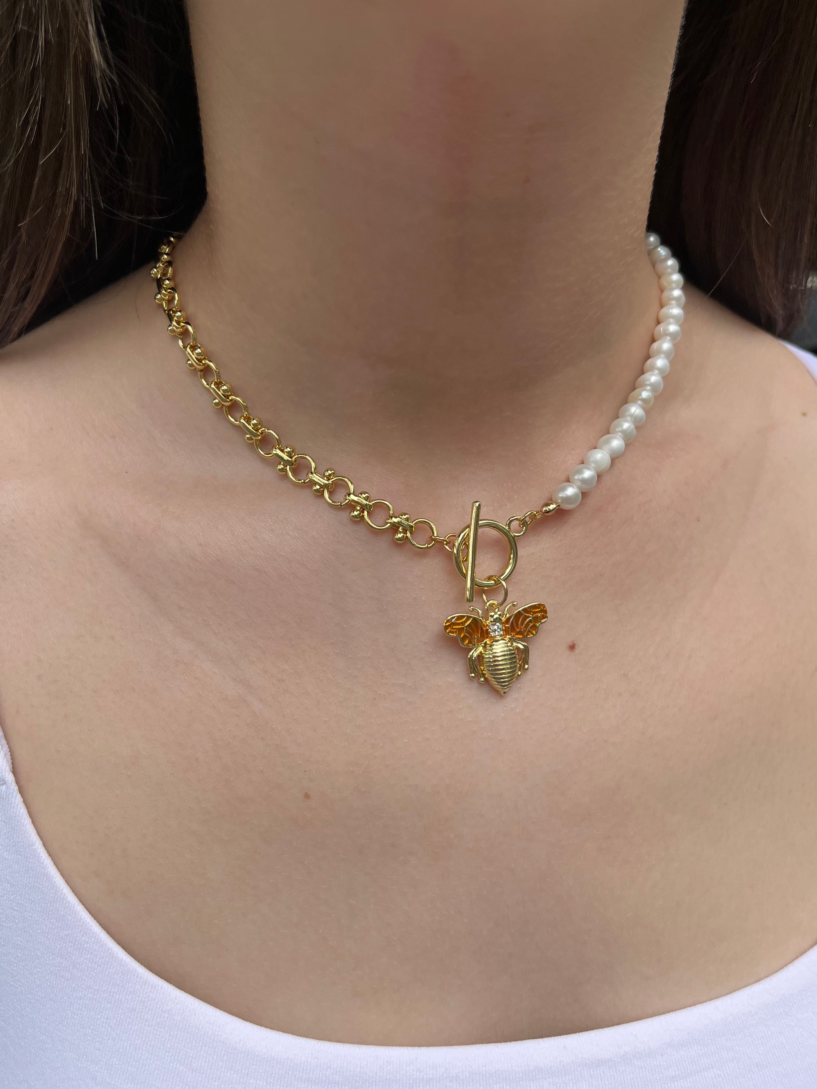 Asymmetrical Pearl Necklace with Bee Pendant, 18K Gold Plated Chain