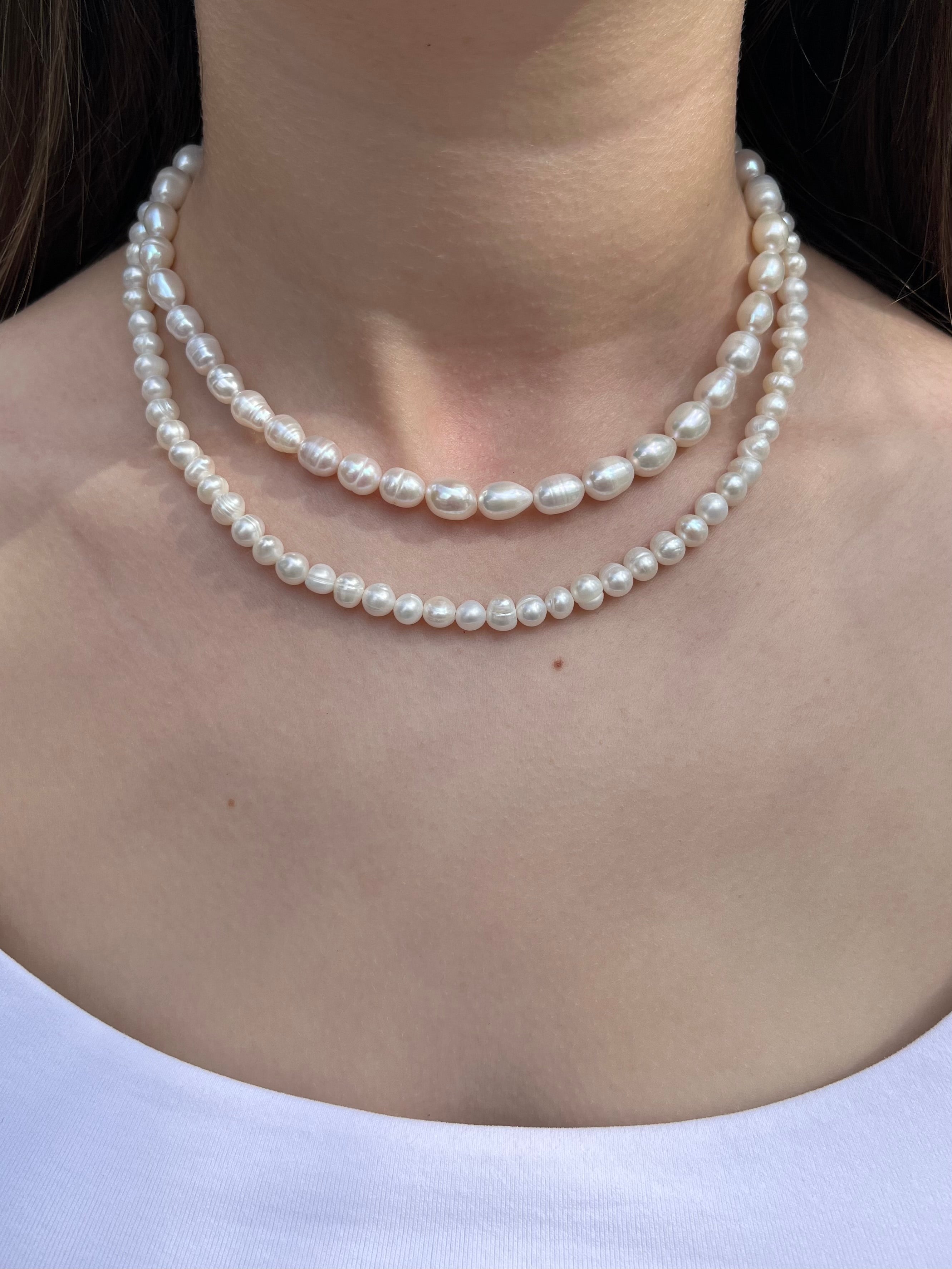 Layered Natural Pearl Necklace with 925 Sterling Silver Bowknot Clasp, Gift Box