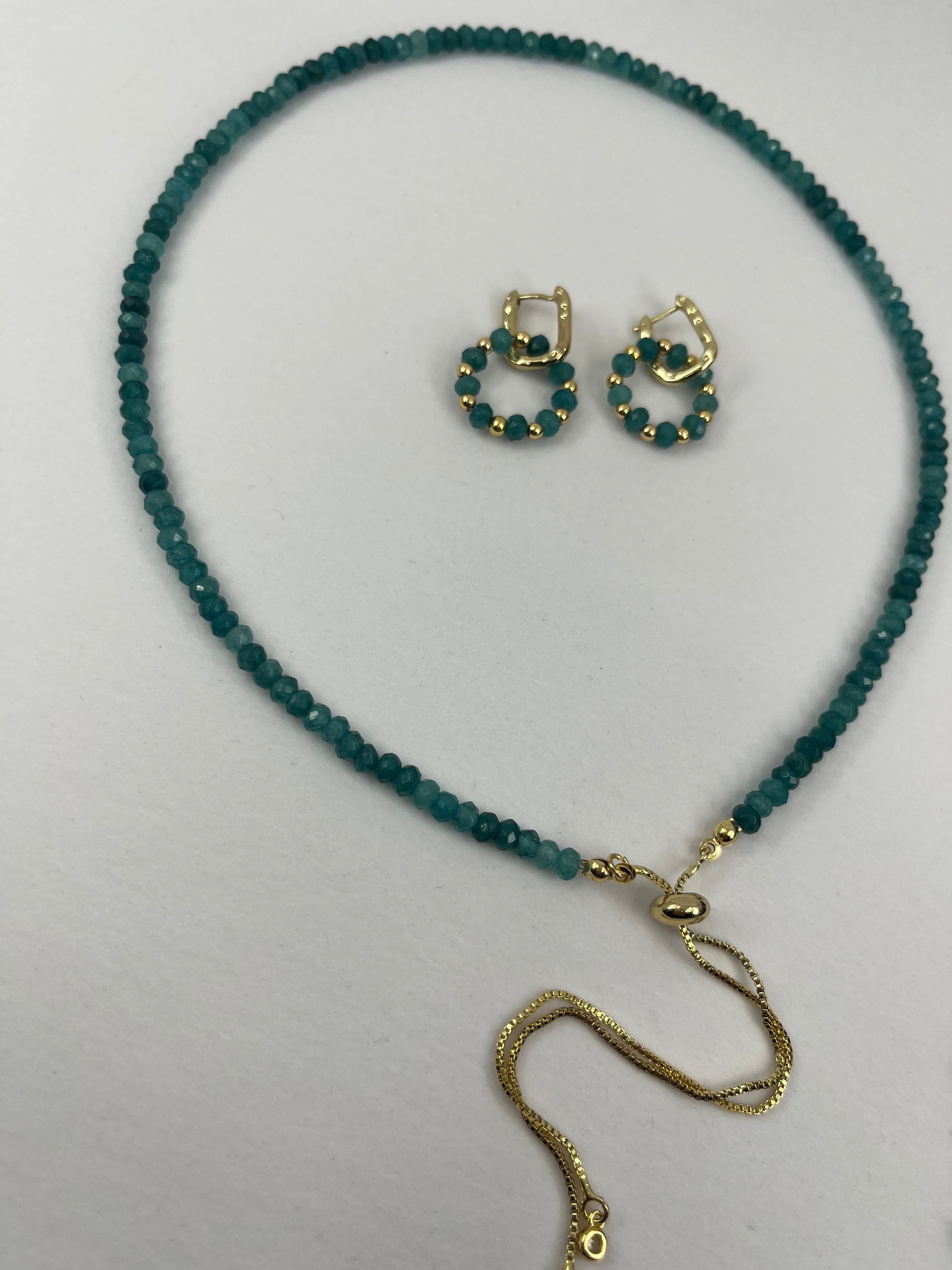 Set: Natural Malaysia Jade Y-Necklace & Earrings, Dark Cyan