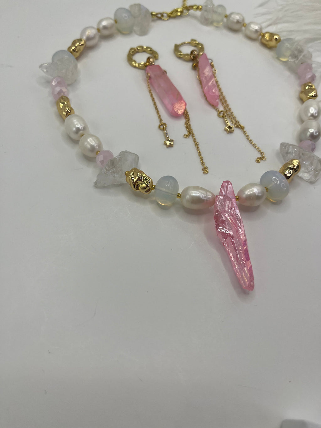 Set: Rose Quartz and Pearls Necklace and Earrings