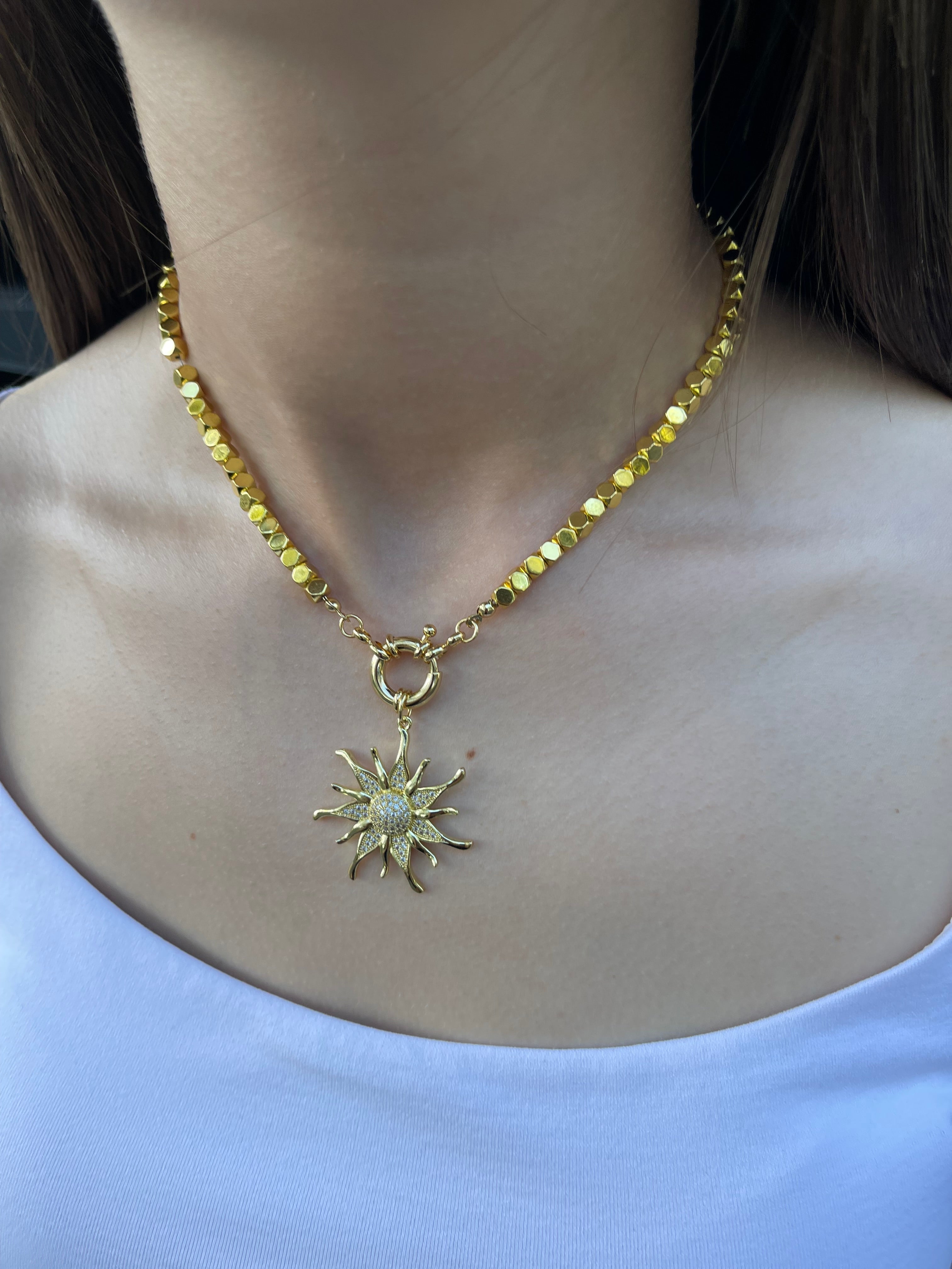 Gold Hematite Sun Necklace, 18K Gold Plated pendant