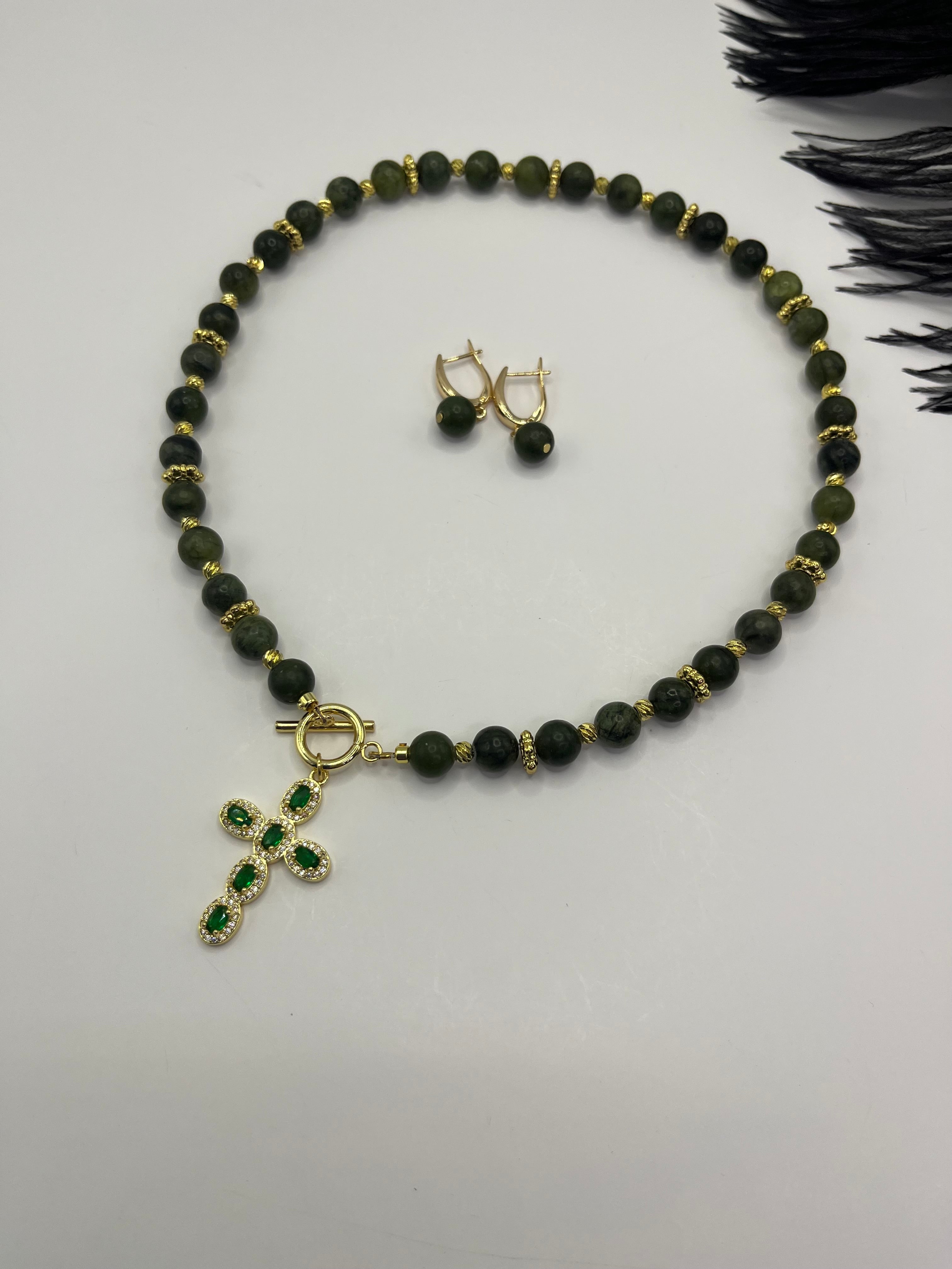 Set: Natural Taiwan Jade Necklace with Zirconia Cross 18K Gold plated