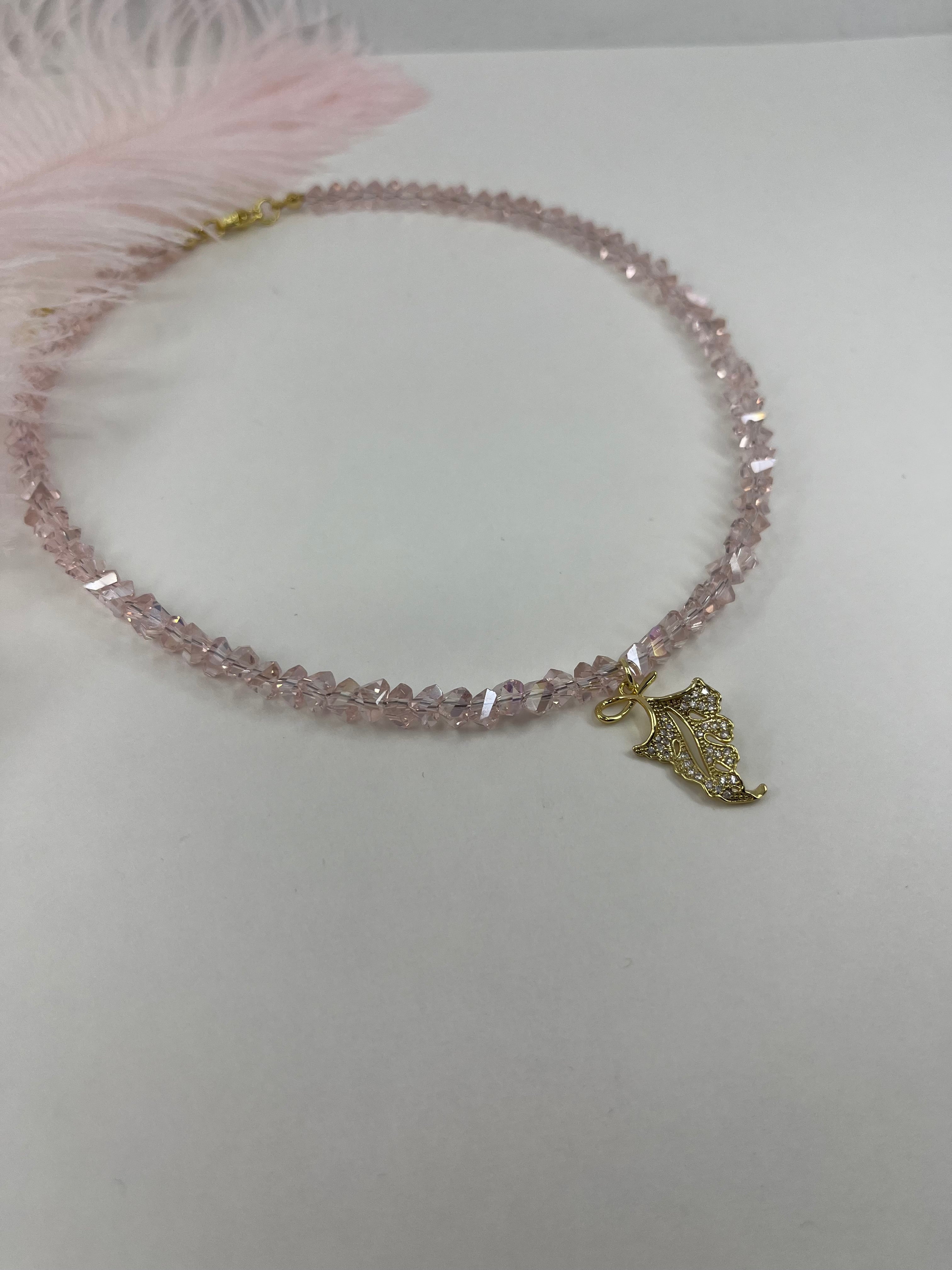 Pink crystal necklace with leaf pendant pendant