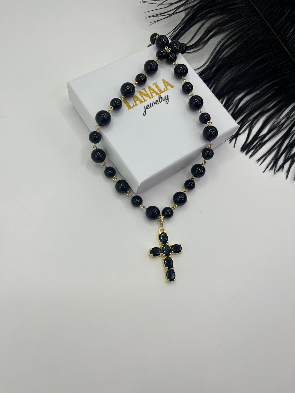 Black Onyx Necklace– 18K Gold Plated Zirconia Cross