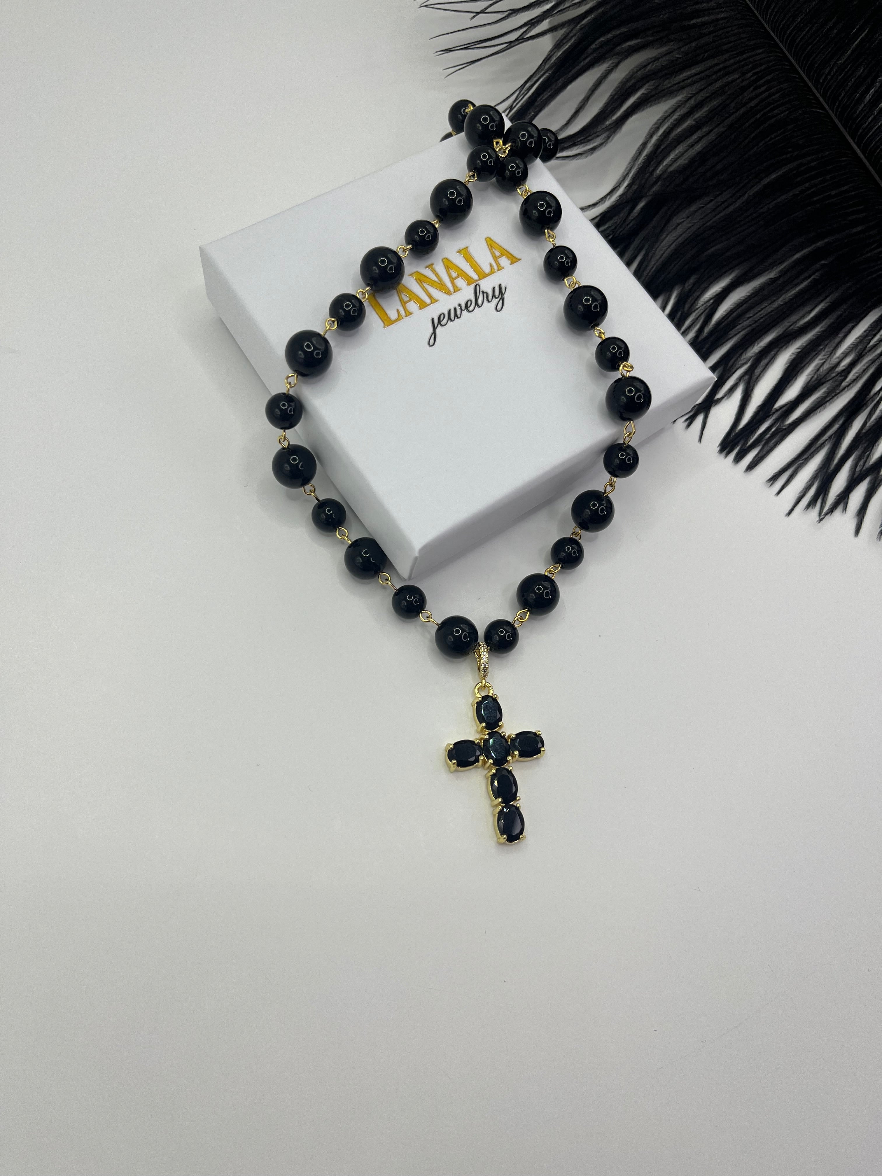 Black Onyx Necklace– 18K Gold Plated Zirconia Cross