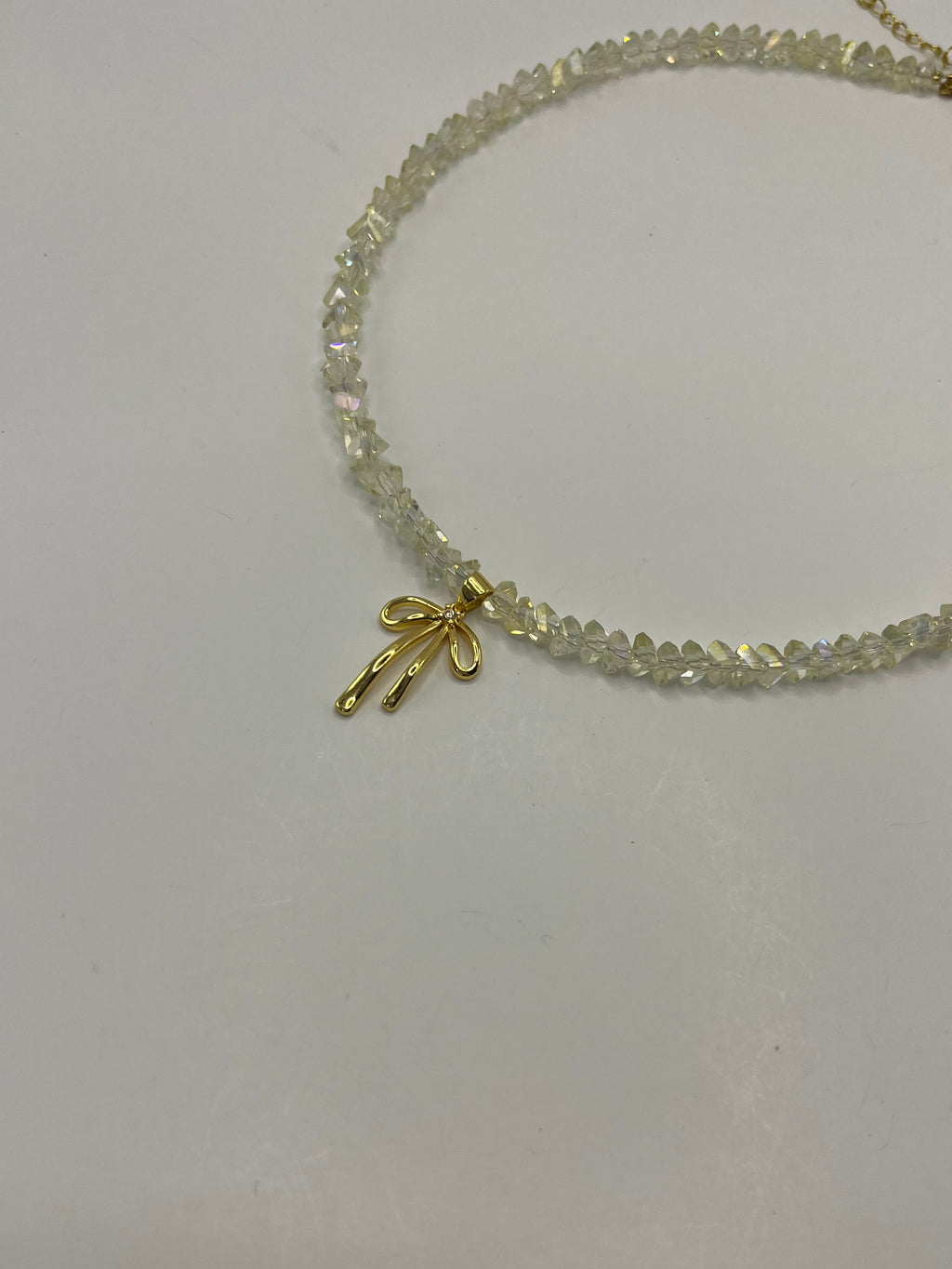 Crystal Glass Bead Choker: 18K Gold Bowknot Pendant
