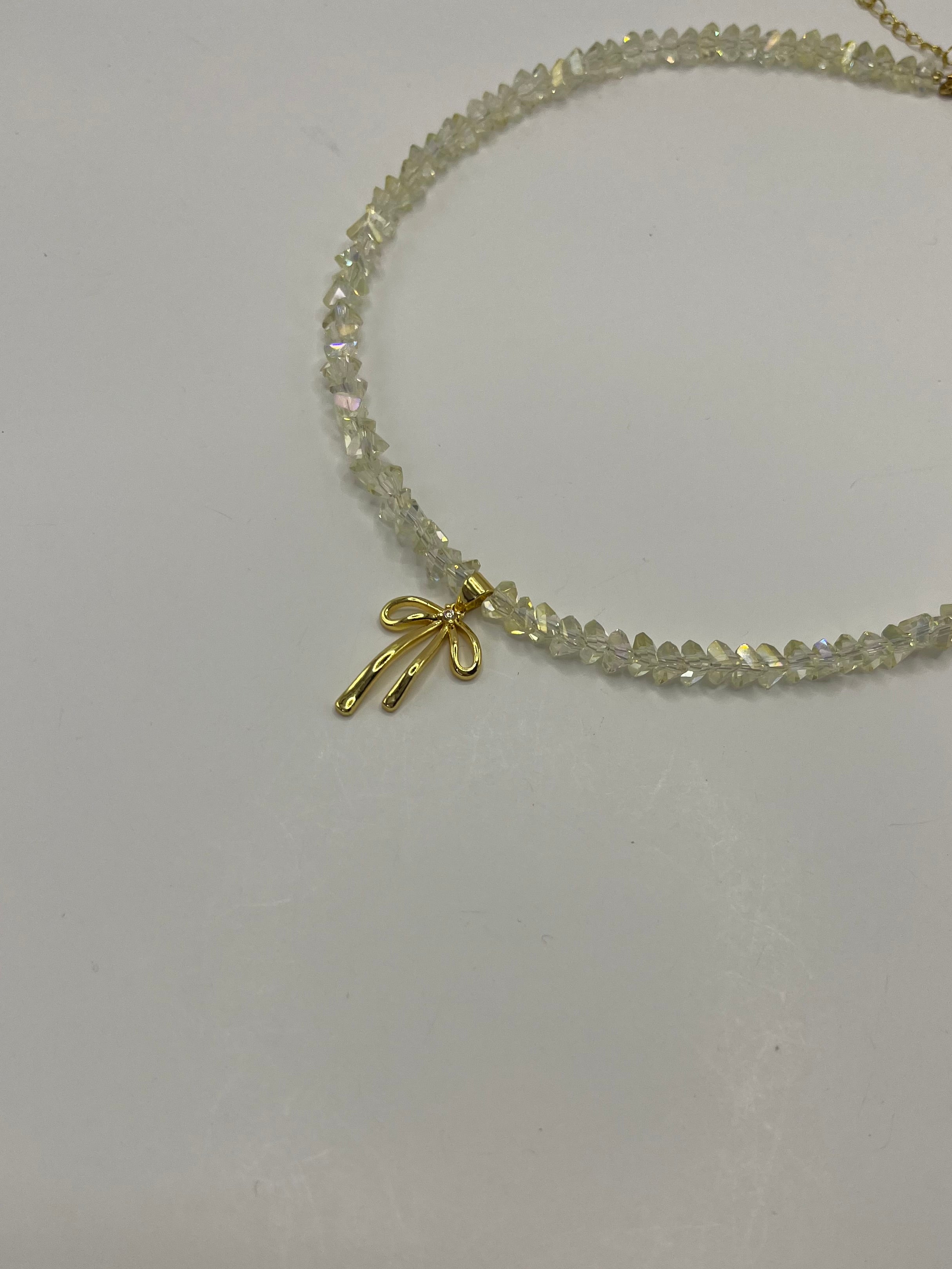 Crystal Glass Bead Choker: 18K Gold Bowknot Pendant