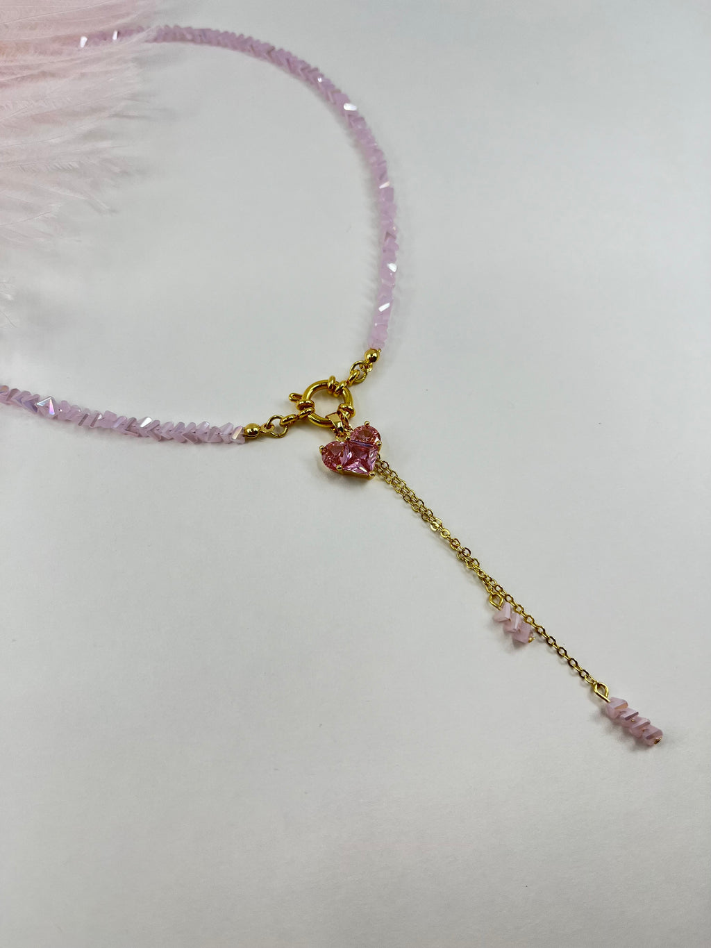 Set: Heart Pink Crystal Y-Necklace and Earrings – 18K Gold Plated, Cubic Zirconia