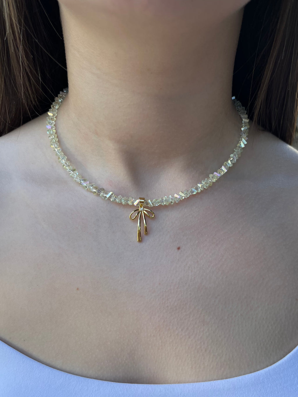 Crystal Glass Bead Choker: 18K Gold Bowknot Pendant
