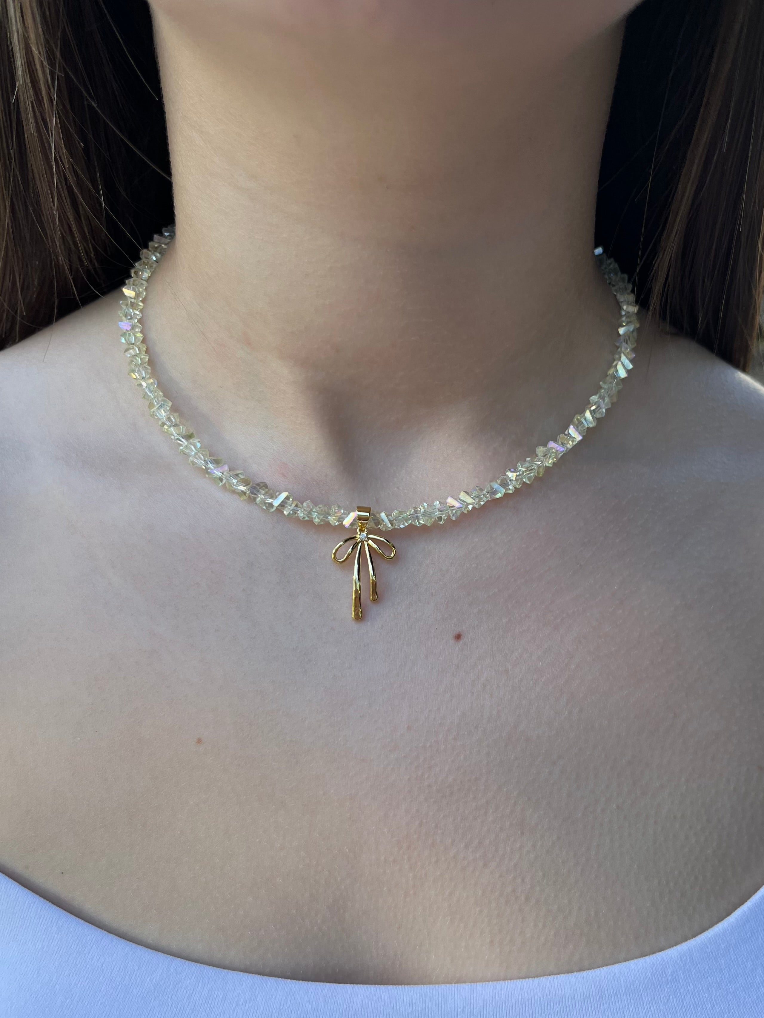 Crystal Glass Bead Choker: 18K Gold Bowknot Pendant