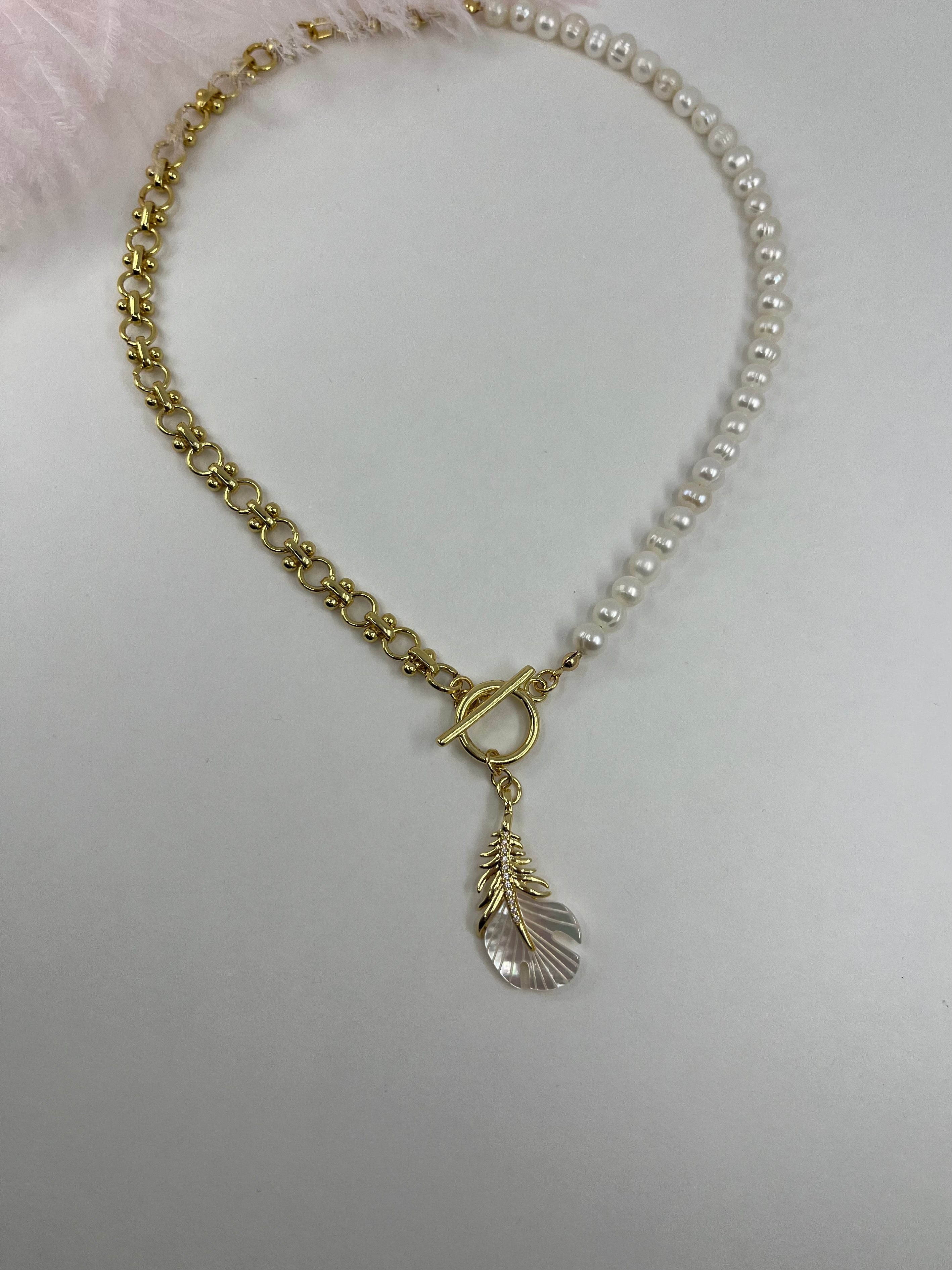 Asymmetrical Pearl Necklace with Feather Pendant, 18K Gold Plated Chain