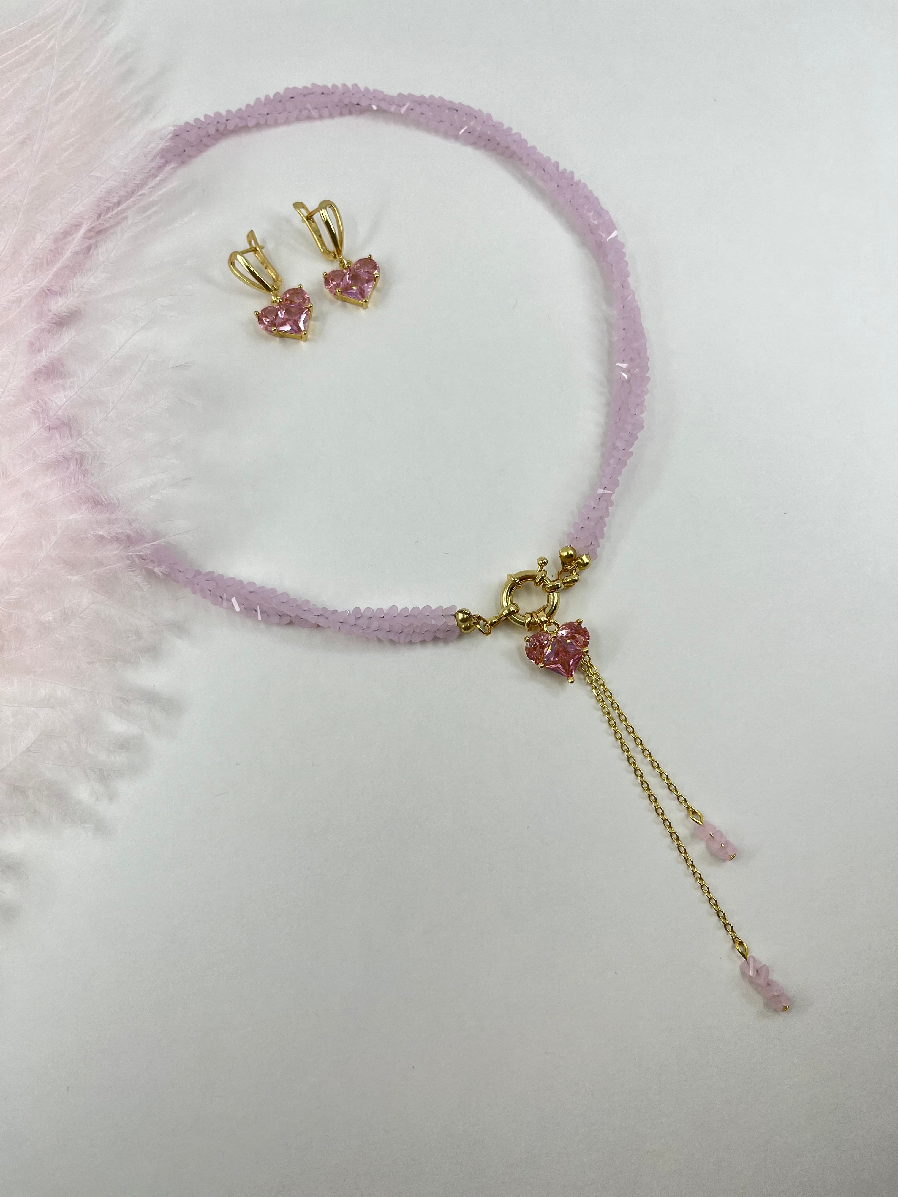 Set: Heart Pink Crystal Y-Necklace and Earrings – 18K Gold Plated, Cubic Zirconia
