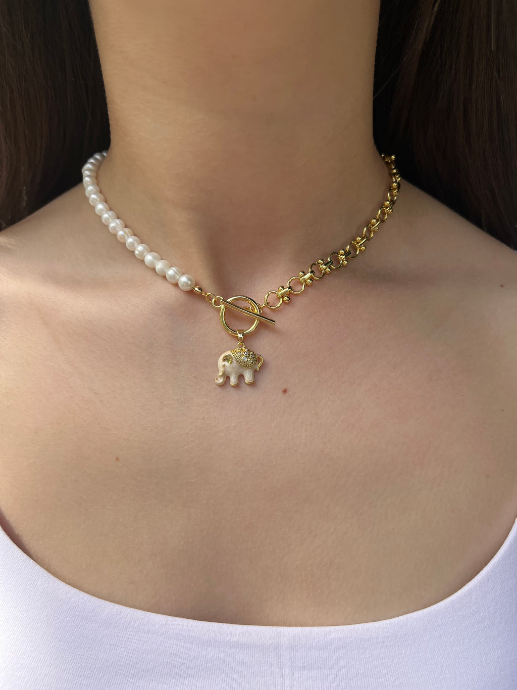 Asymmetrical Pearl Necklace with Elephant Pendant, 18K Gold Plated Chain