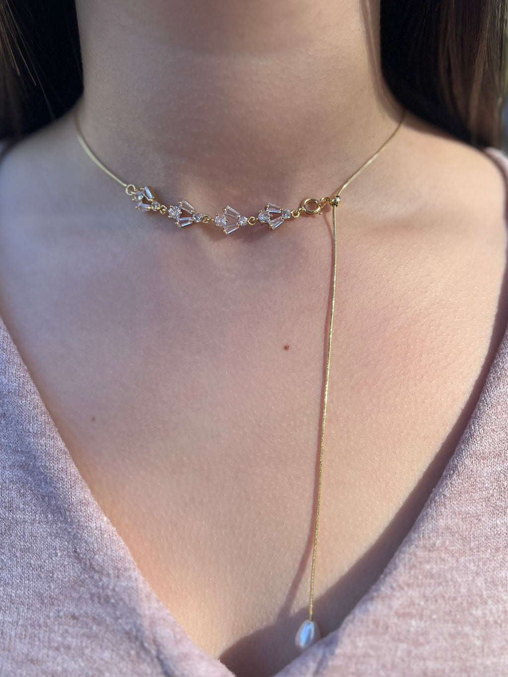 Baroque Pearl and zirconia Y-Necklace, 18k gold plated