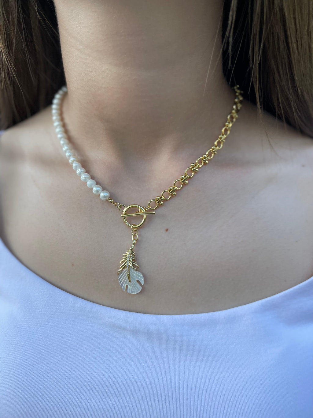 Asymmetrical Pearl Necklace with Feather Pendant, 18K Gold Plated Chain