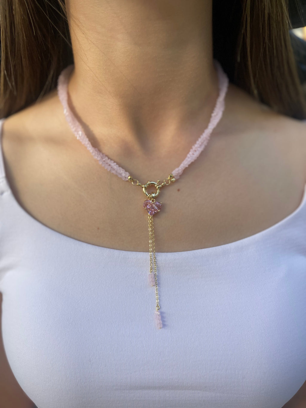 Set: Heart Pink Crystal Y-Necklace and Earrings – 18K Gold Plated, Cubic Zirconia