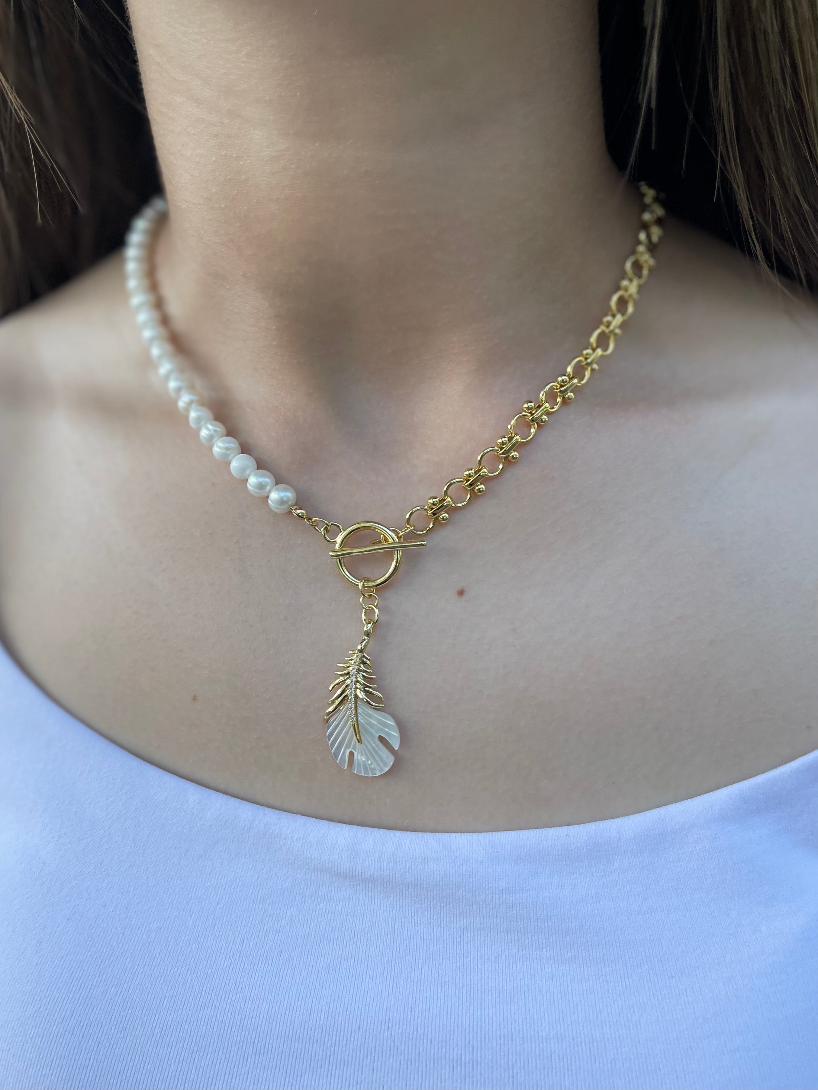 Asymmetrical Pearl Necklace with Feather Pendant, 18K Gold Plated Chain