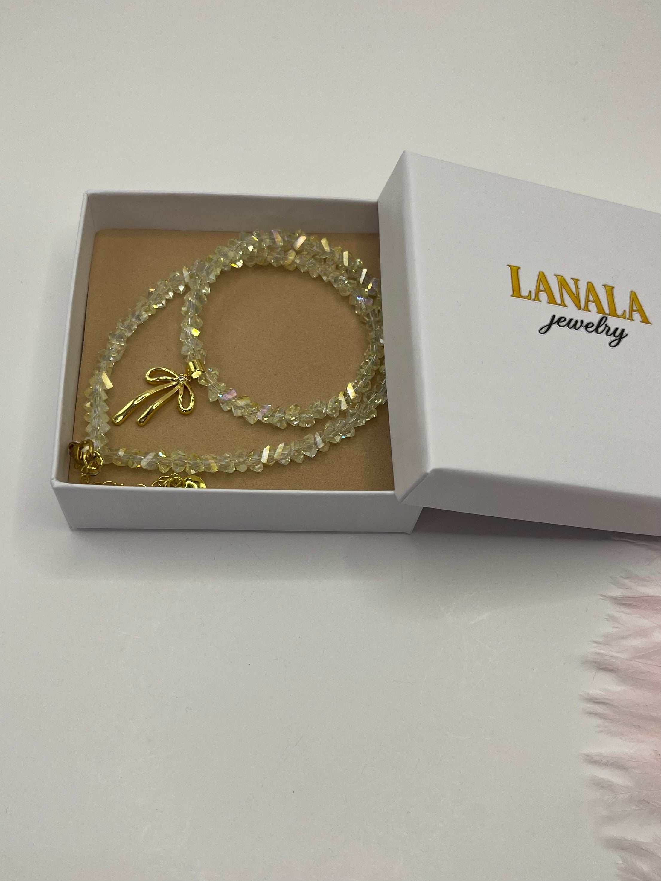 Crystal Glass Bead Choker: 18K Gold Bowknot Pendant