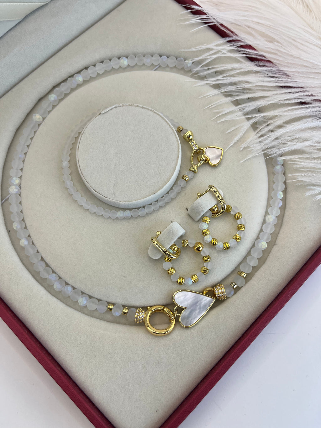 Gift Box: Beaded Jewelry Set with Heart Pendants & 18K Gold Plated Details