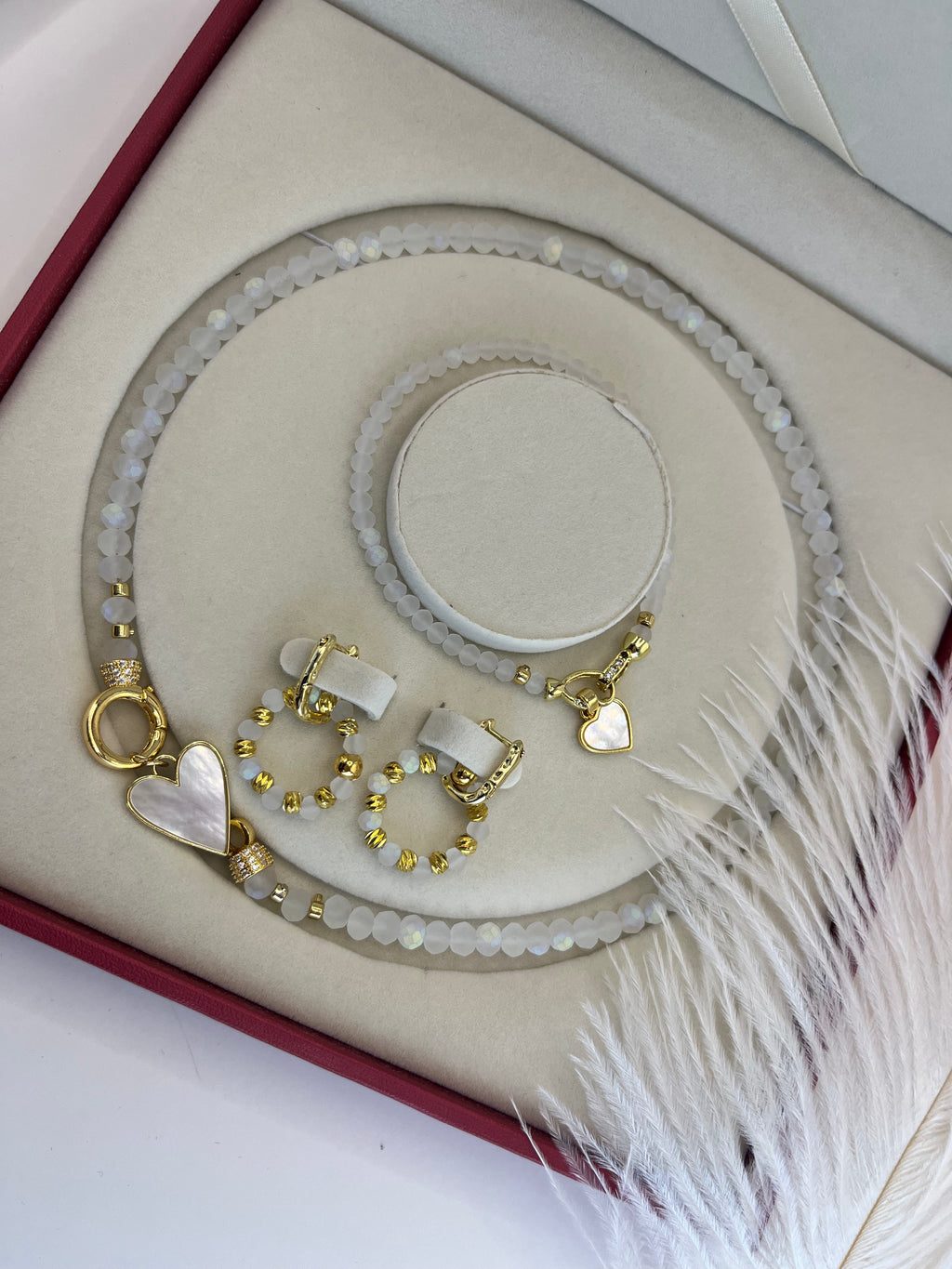 Gift Box: Beaded Jewelry Set with Heart Pendants & 18K Gold Plated Details