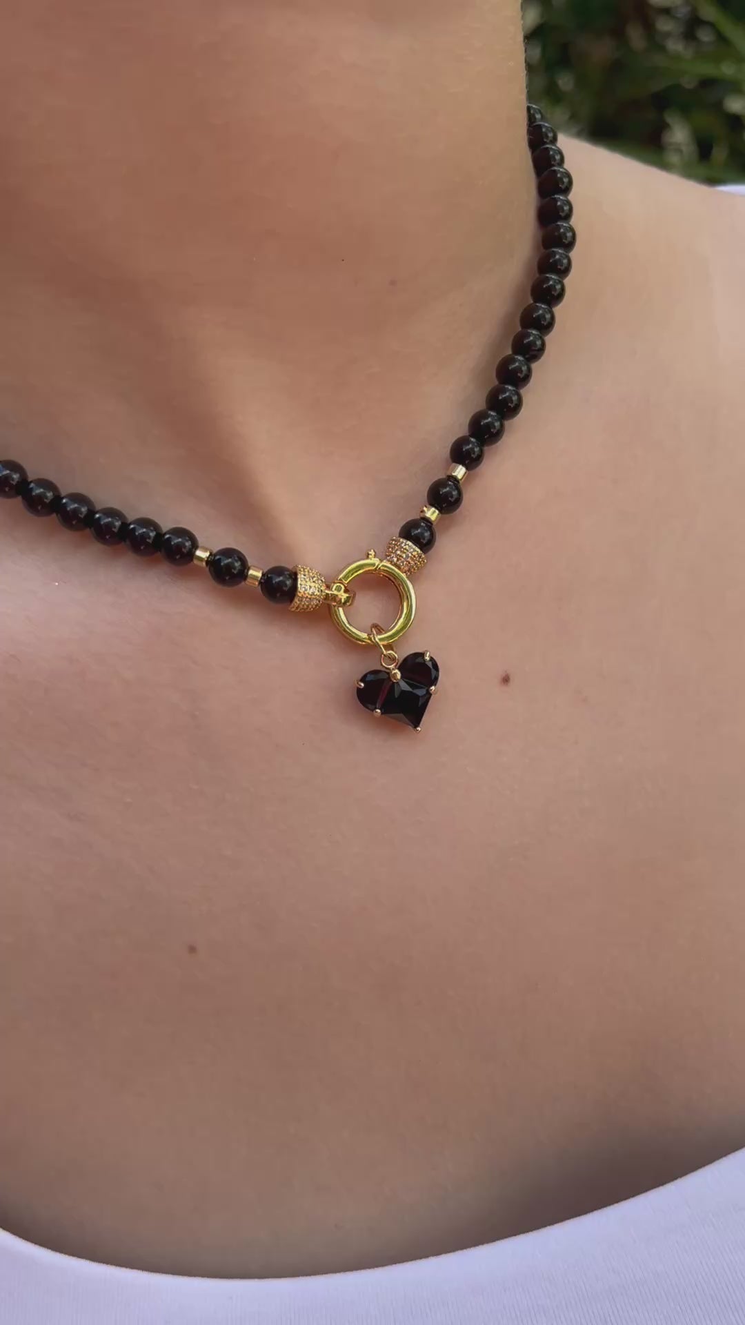 Black Onyx Necklace and Earrings Set – 18K Gold Plated Heart Charm