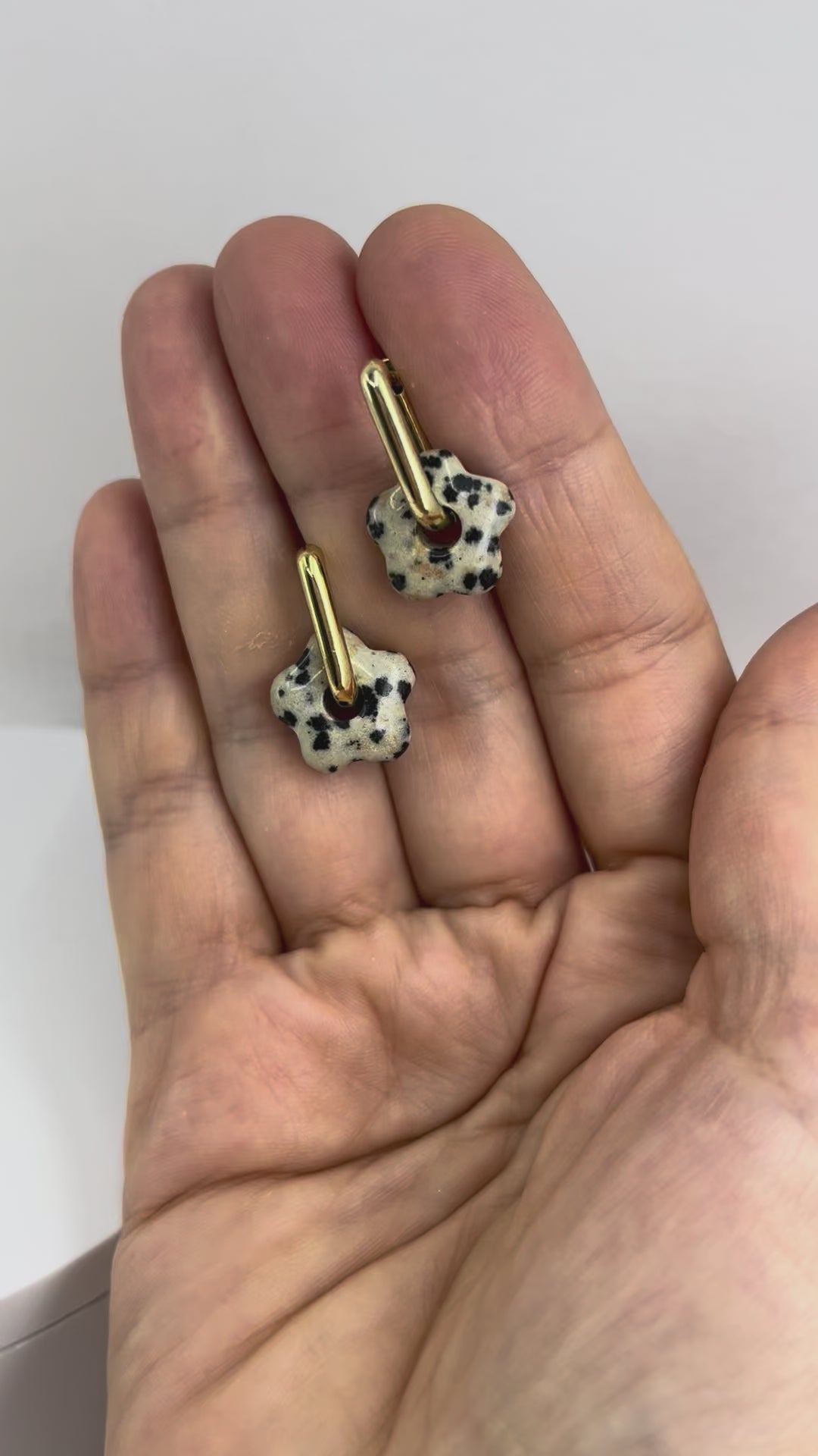 Dalmatian jasper flower Earrings and Necklace, 18K Gold Plated