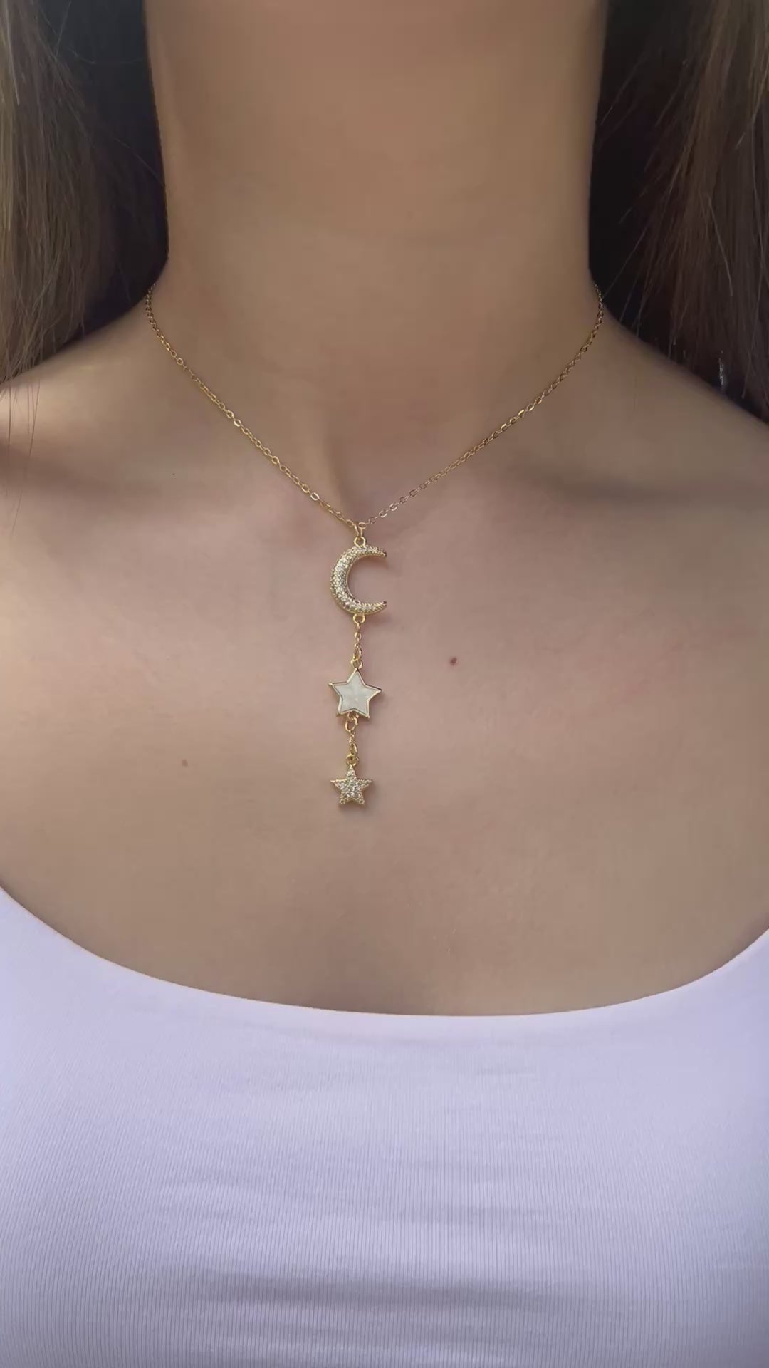 Zirconia Star and Moon Choker Necklace, Real 18K Gold Plated