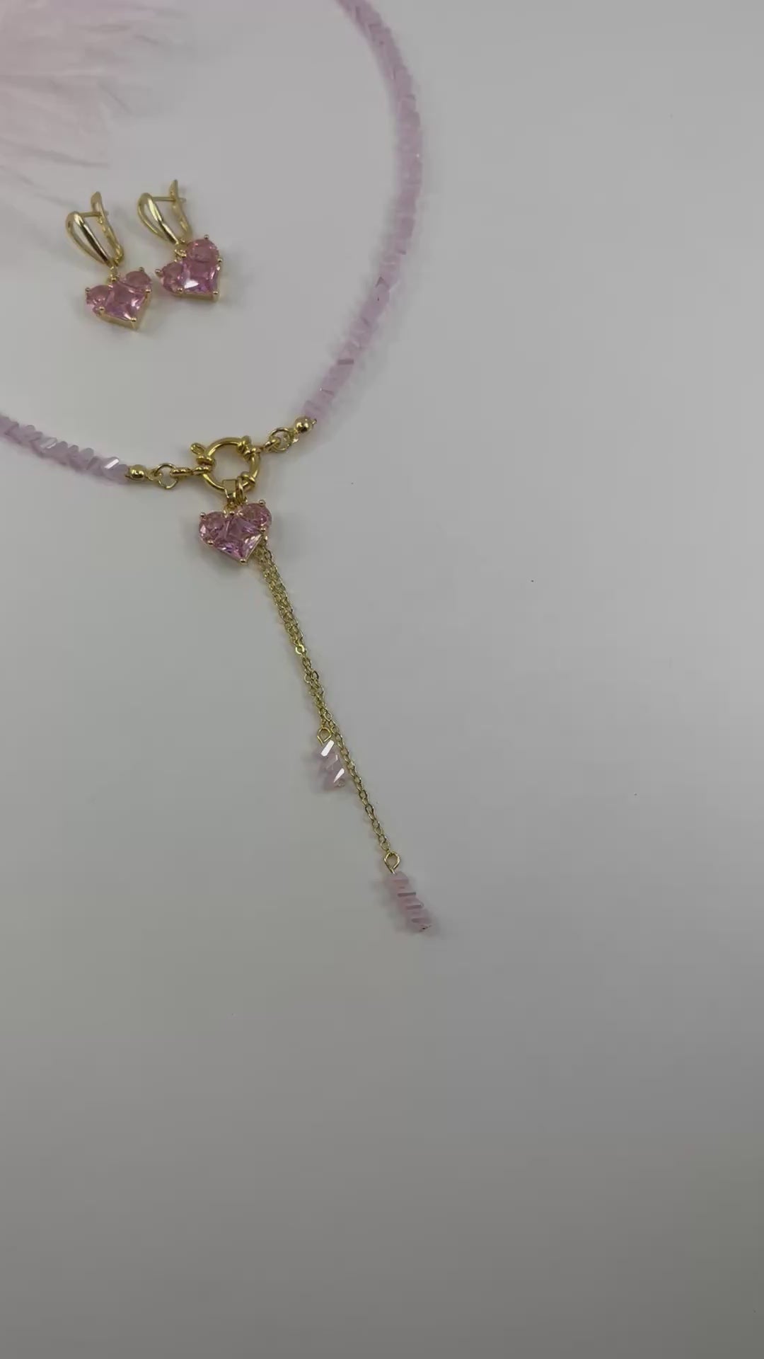 Set: Heart Pink Crystal Y-Necklace and Earrings – 18K Gold Plated, Cubic Zirconia