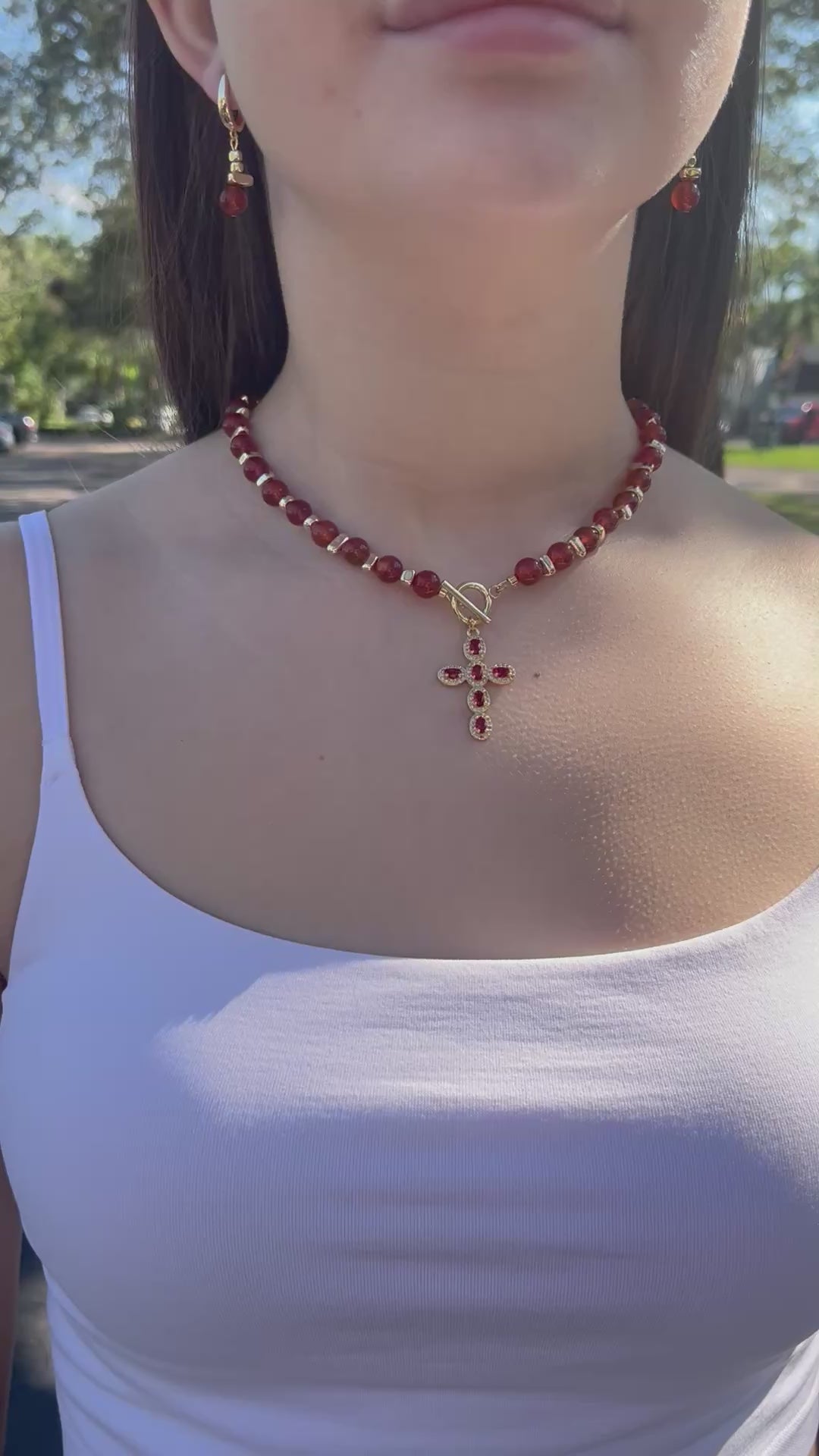 Set: Natural Carnelian Necklace with 18K Gold Cross and earrings