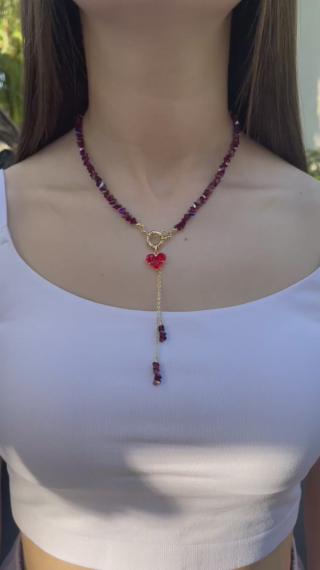 Set: Heart Crystal Burgundy Y-Necklace and Earrings – 18K Gold Plated