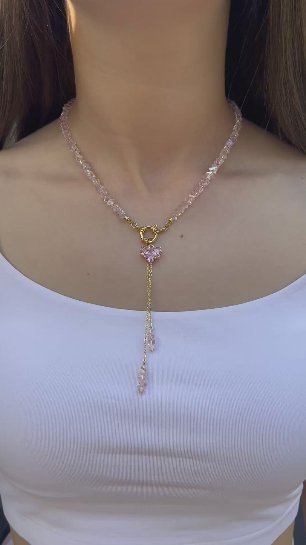 Set: Heart Pink Crystal Y-Necklace and Earrings – 18K Gold Plated, Cubic Zirconia